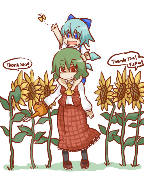 gurageida, cirno, kazami yuuka, touhou, 2girls, ascot, barefoot, blue eyes, blue hair, bug, butterfly, chibi, english text, flower, green hair, insect, multiple girls, pantyhose, plaid clothes, plaid skirt, plaid vest, red eyes, shaded face, short hair, skirt, skirt set, smile, sunflower, vest, watering can, white background, wings