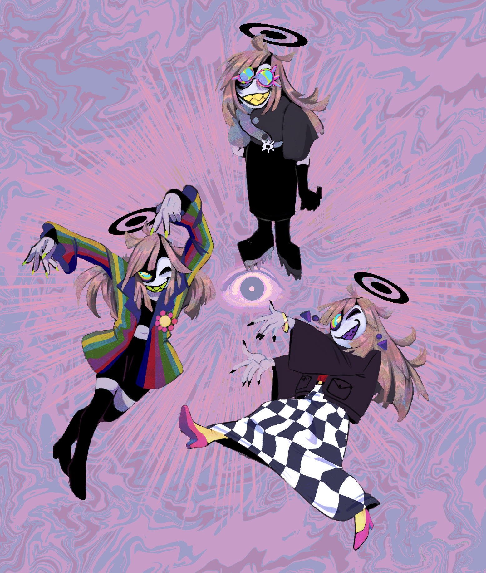 deltarune, original, utdr (toby fox), highres, 1girl, dancing, dress, english text, halo, halojack (huecycles), huecycles, long skirt, multicolored eyes, sharp teeth, skirt, teeth