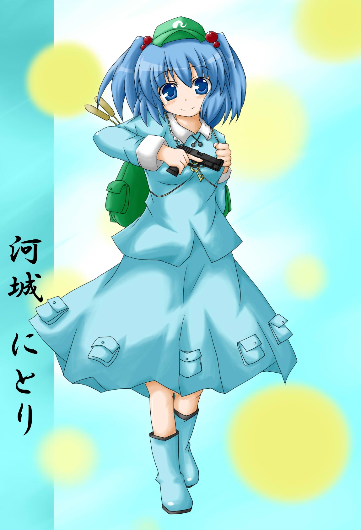 mitukihiro, kawashiro nitori, touhou, highres, 1girl, backpack, bag, blue eyes, blue hair, cattail, character name, female focus, gun, hair bobbles, hair ornament, handgun, hat, matching hair/eyes, pistol, plant, randoseru, short hair, solo, twintails, two side up, weapon