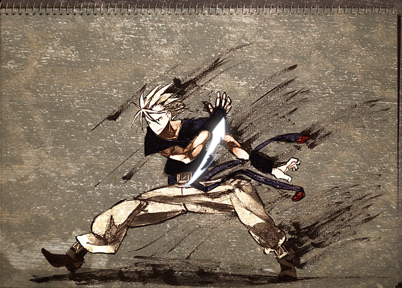 kenja tori, toriniku (pixiv), chipp zanuff, arc system works, guilty gear, blade, photo (medium), 1boy, figure (medium), male focus, sketch, solo, white hair