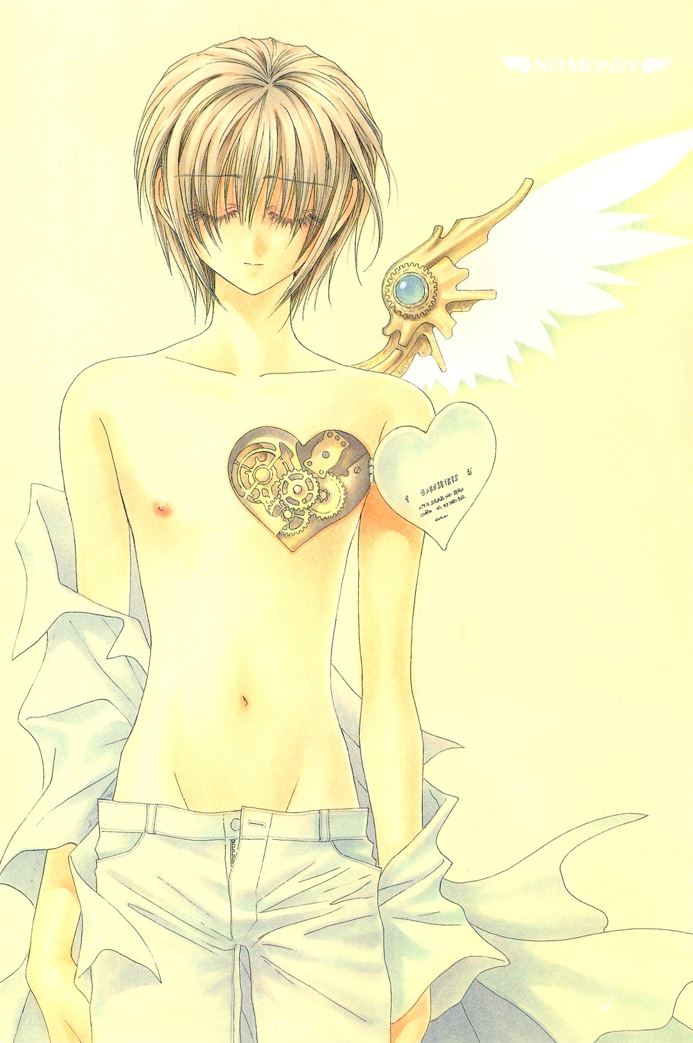 tohru kousaka, yukiya ayase, no money, okane ga nai, highres, closed eyes, gears, male focus, smile, topless male, wings