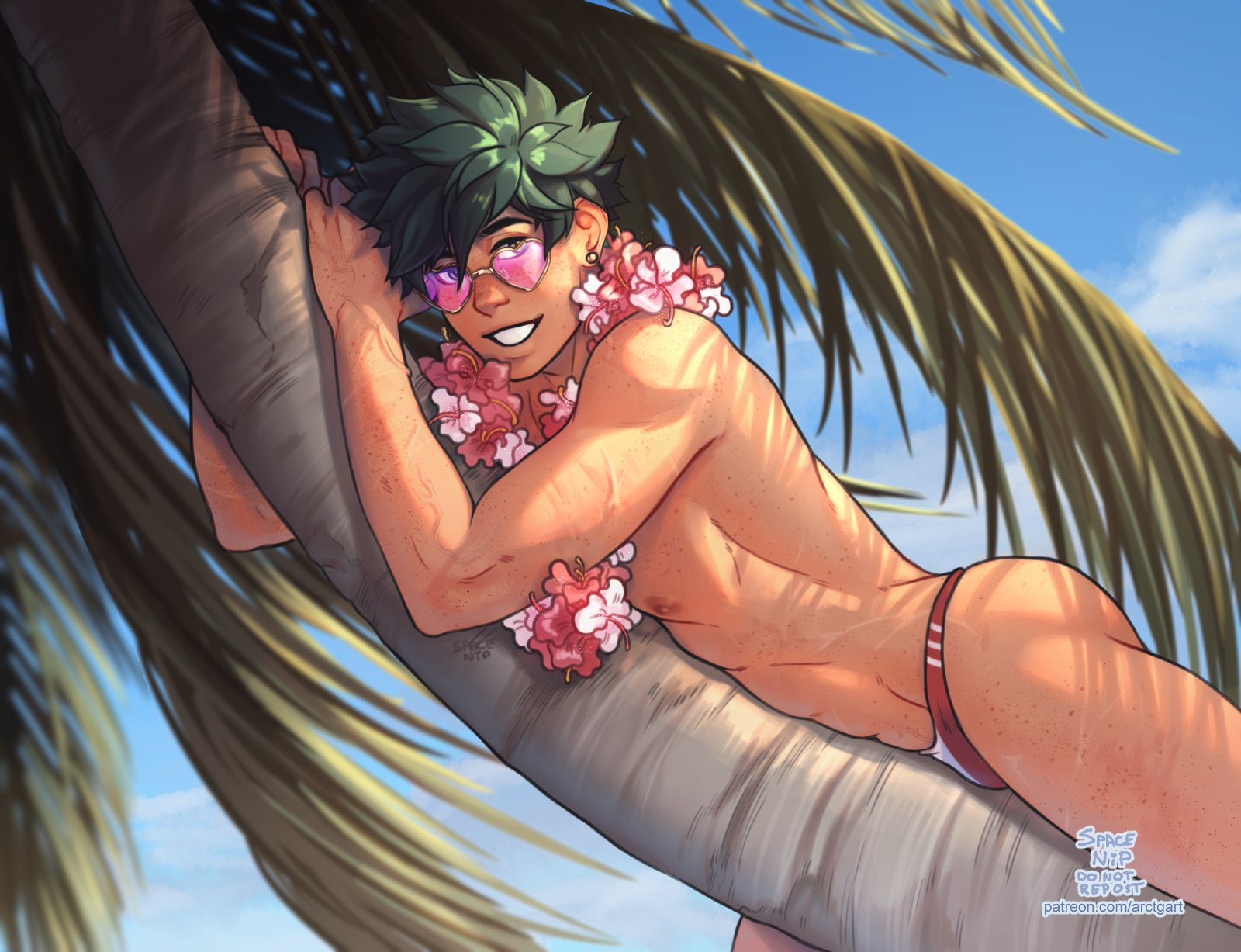 spacenipnops, midoriya izuku, boku no hero academia, highres, 1boy, body freckles, cloud, dappled sunlight, day, earrings, flower, flower necklace, freckles, green hair, heart, heart-shaped eyewear, jewelry, lei, looking at another, male focus, male swimwear, necklace, nipples, red male swimwear, short hair, sky, smile, solo, sunlight, swim briefs, teeth, thighs