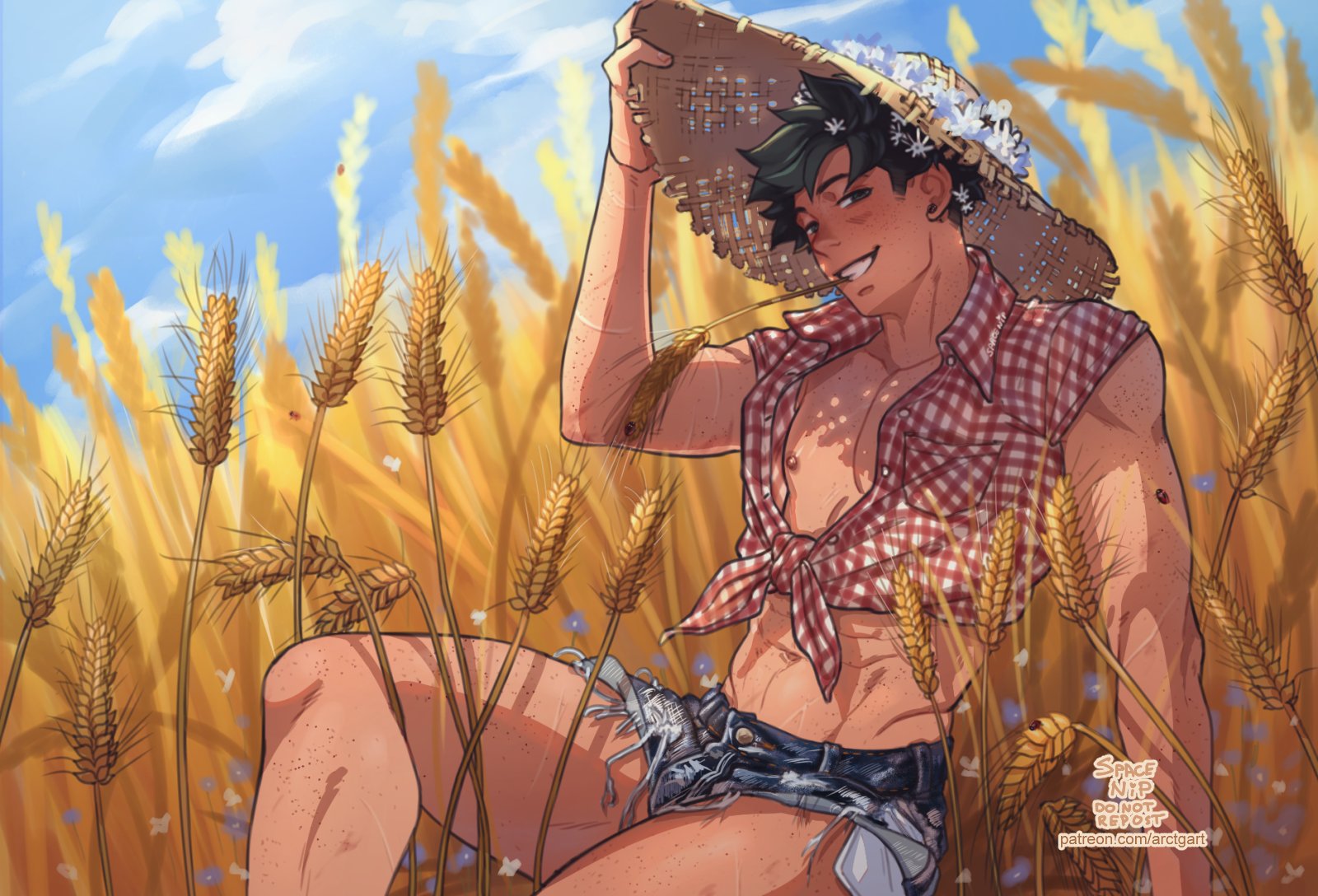 spacenipnops, midoriya izuku, boku no hero academia, highres, 1boy, alternate costume, body freckles, checkered clothes, cloudh, denim, denim shorts, earrings, exposed pocket, freckles, green hair, hat, jewelry, looking at another, male focus, mouth hold, short hair, short shorts, shorts, sky, solo, stalk in mouth, straw hat, thighs, wheat field