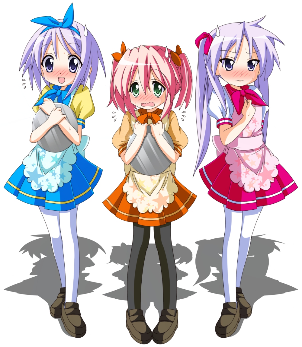 rindou (awoshakushi), hiiragi kagami, hiiragi tsukasa, kobayakawa yutaka, lucky star, 00s, 3girls, apron, blue hair, blush, green eyes, long hair, multiple girls, pantyhose, purple eyes, purple hair, red hair, short hair, sisters, standing, sweatdrop, tray, twins, twintails, waitress