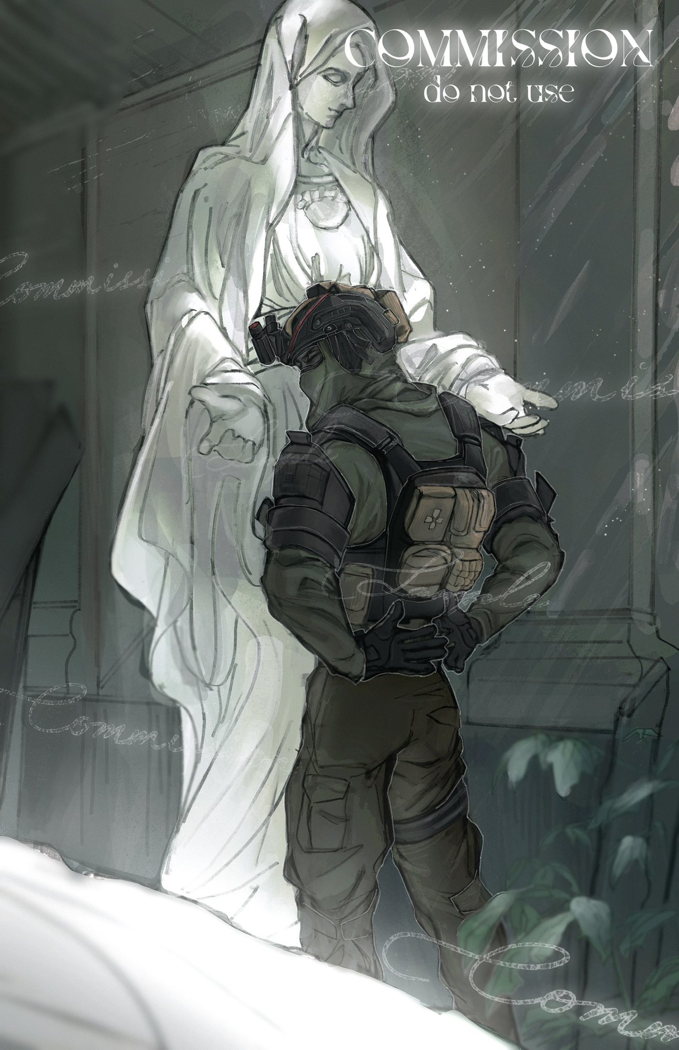 konig (call of duty), call of duty, character request, commission, hashtag-only commentary, highres, 1girl, 1other, armor, arms behind back, bed, black gloves, boots, breastplate, cloak, closed eyes, corset, covered face, dress, feet out of frame, gloves, glowing, height difference, helmet, hood, hood up, light particles, mask, outstretched arms, plant, pov, seencrow, shoulder armor, watermark, white dress