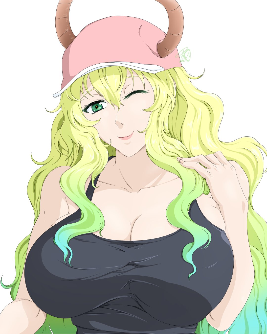 alphadeltaart, lucoa (maidragon), kobayashi-san chi no maidragon, highres, 1girl, black tank top, blonde hair, breasts, dragon horns, hat, horns, huge breasts, large breasts, mature female, multicolored hair, one eye closed, pale skin, pink hat, pink lips, smile, solo, solo focus, streaked hair, tank top, wavy hair
