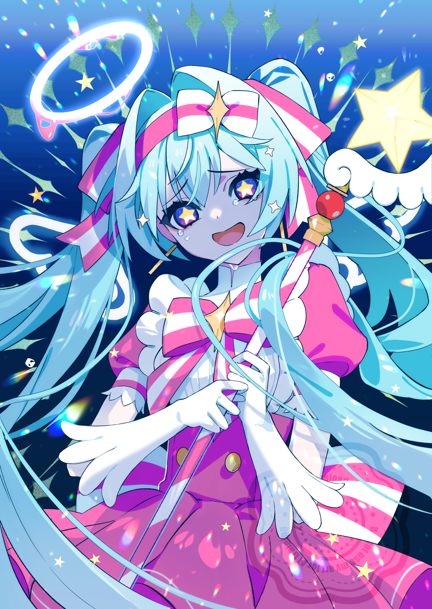 mou (mooooow), hatsune miku, vocaloid, highres, 1girl, aqua hair, bow, cane, dress, gloves, hair bow, hair intakes, holding, holding cane, ima sugu rinne (vocaloid), long hair, long sleeves, magical girl, open mouth, pantyhose, pink dress, pink eyes, puffy short sleeves, puffy sleeves, short sleeves, smile, star (symbol), star in eye, symbol in eye, twintails, very long hair, white bow, white gloves, white pantyhose