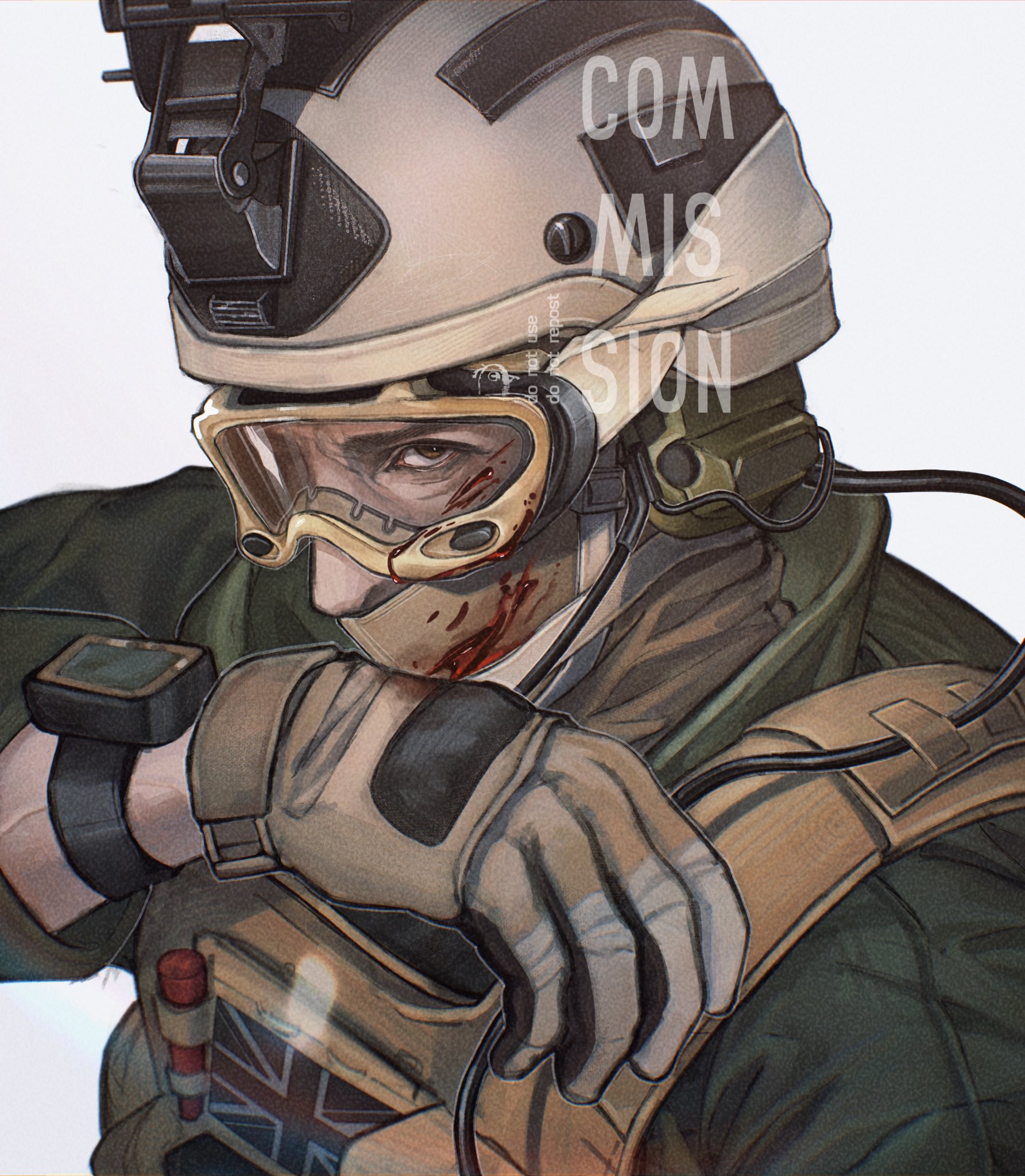 call of duty, commentary, highres, symbol-only commentary, 1boy, armor, bags under eyes, blood, blood splatter, breastplate, brown eyes, covered mouth, gary sanderson, gloves, goggles, hand up, helmet, looking at viewer, male focus, mask, mouth mask, narrowed eyes, seencrow, union jack, upper body, watch, wiping face, wire