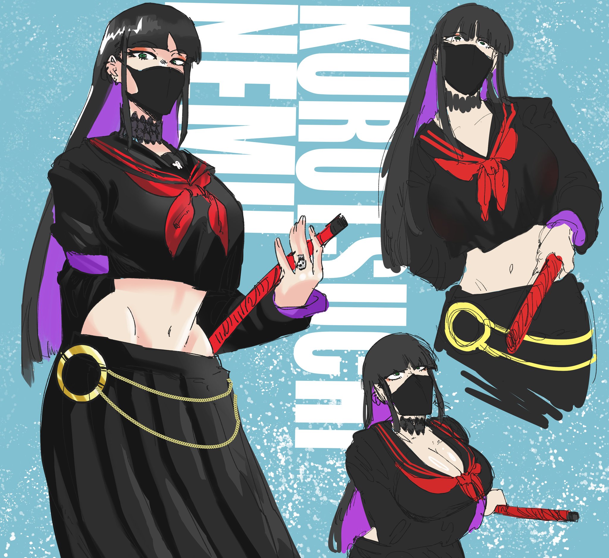 alqkemy, kurotsuchi nemu, bleach, bleach: sennen kessen-hen, 1girl, black hair, breasts, character name, earrings, holding, holding weapon, jewelry, large breasts, long hair, long skirt, mask, navel, official alternate costume, sailor collar, school uniform, simple background, skirt, stomach, weapon