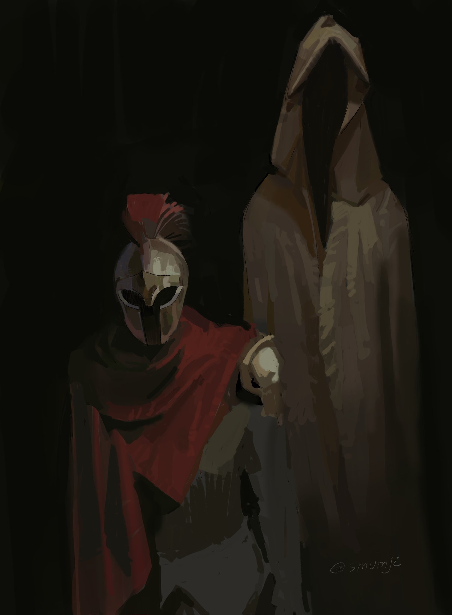 hashtag-only commentary, highres, 2others, armor, cloak, cowboy shot, d3rlord3, faceless, facing viewer, galea helmet, helmet, hood, hood up, hooded cloak, knight, multiple others, red cloak, searching for a world that doesn't exist, shoulder armor, smumji1, standing, the king in yellow (searching for a world that doesn't exist)