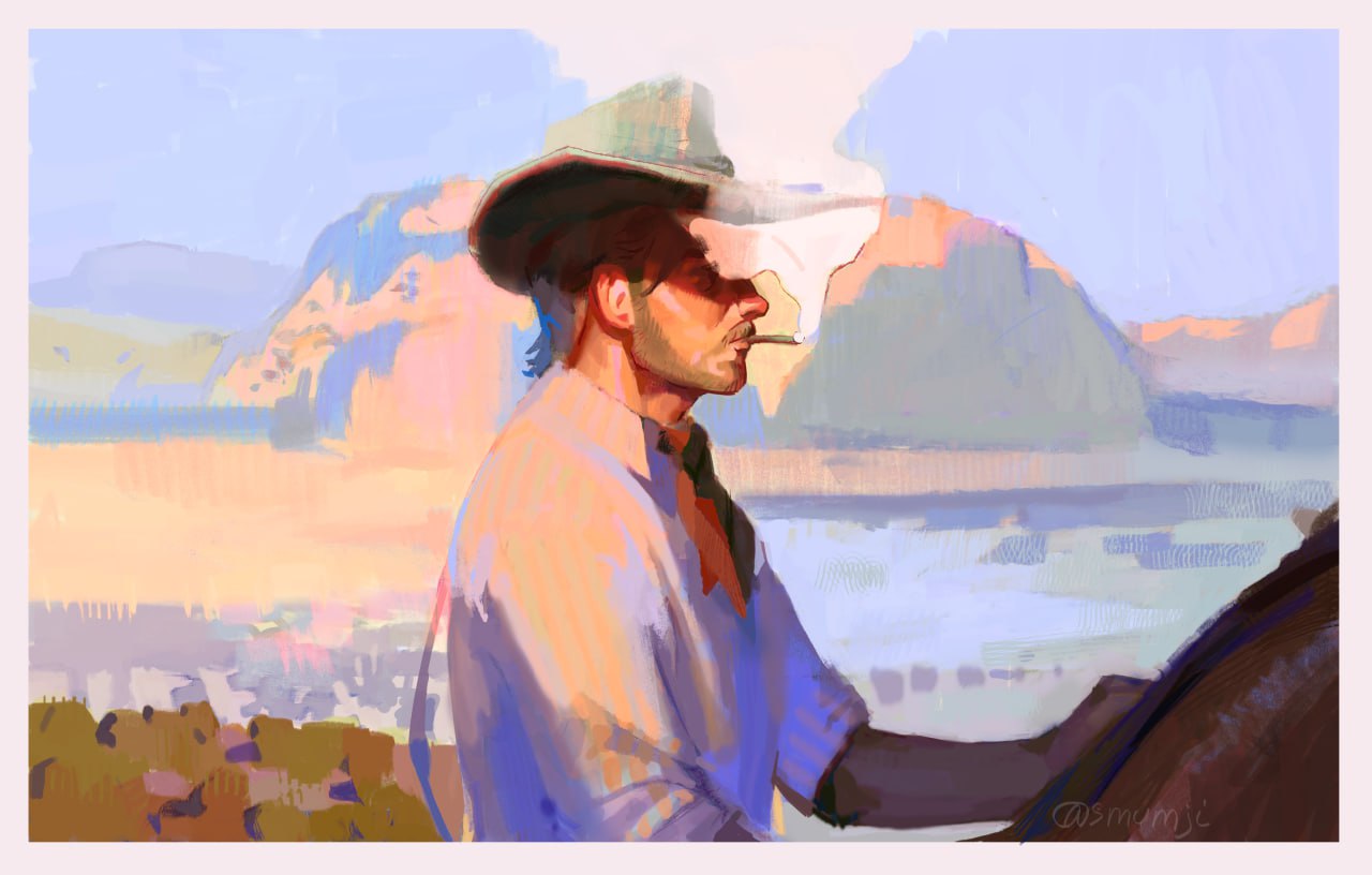 arthur morgan, red dead redemption (series), red dead redemption 2, hashtag-only commentary, 1boy, beard, border, brown hair, collared shirt, day, facial hair, hat, horseback riding, male focus, mountainous horizon, mullet, outdoors, riding, shirt, sideburns, sleeves rolled up, smoke, smoke trail, smoking, smumji1, solo, upper body, white border, white shirt