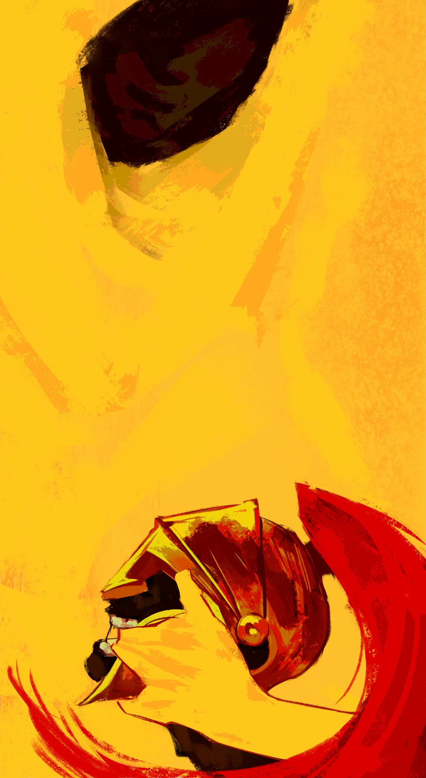 absurdres, highres, 2others, black skin, closed mouth, colored skin, crumpet099, d3rlord3, galea helmet, gold helmet, hand in another's mouth, multiple others, searching for a world that doesn't exist, simple background, smile, teeth, the king in yellow (searching for a world that doesn't exist), upper body, yellow background, yellow cloak, yellow skin