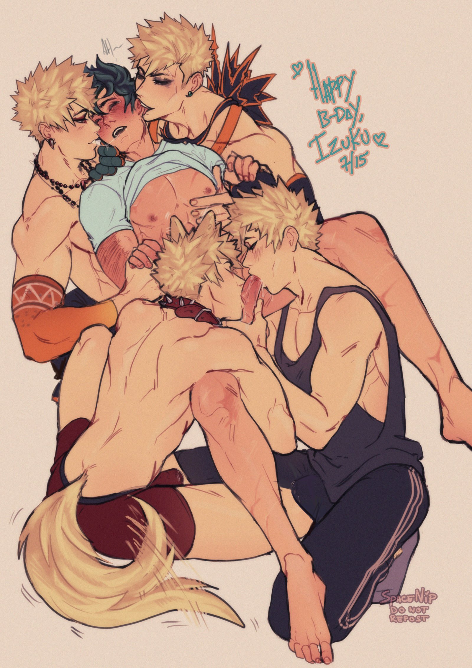 spacenipnops, bakugou katsuki, midoriya izuku, boku no hero academia, highres, 5boys, animal ears, birthday date, black tank top, blonde hair, boxer briefs, bulge, clothes lift, collar, erection, erection under clothes, gangbang, green hair, group sex, happy birthday, jewelry, male underwear, mismatched eyebrows, multiple boys, multiple persona, multiple scars, necklace, nipples, pants, penis, precum, precum through clothes, red male underwear, saliva, saliva trail, scar, shirt lift, short hair, socks, spiked collar, spiked hair, spikes, superhero costume, tank top, thighs, track pants, underwear, yaoi