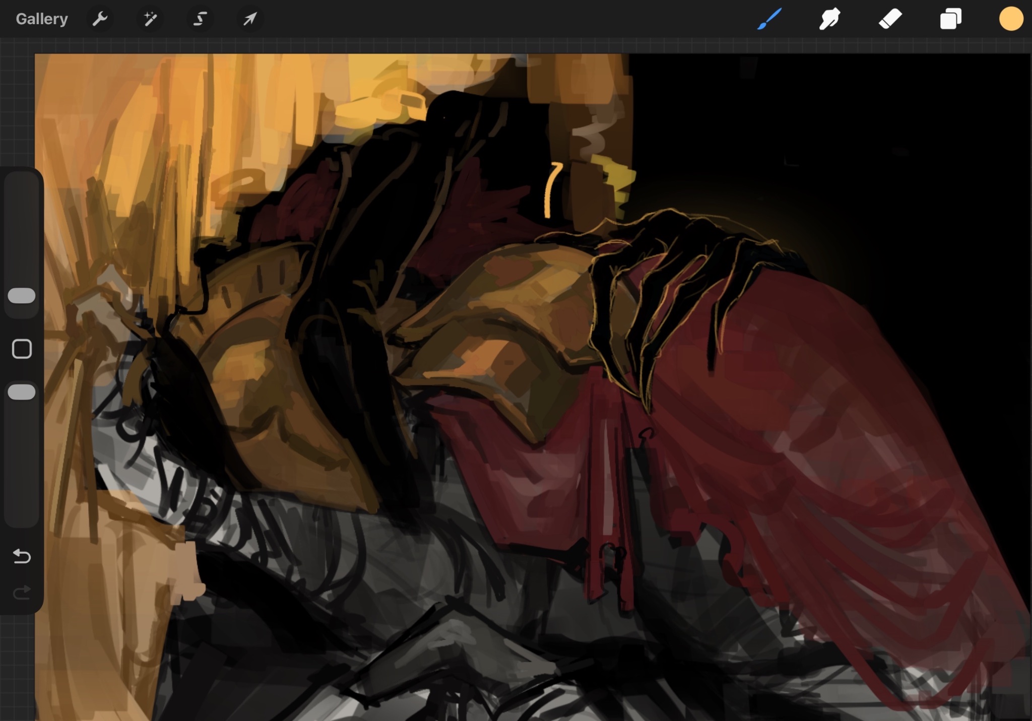 hashtag-only commentary, highres, 2others, armor, art program in frame, black background, black skin, cape, cloak, colored skin, d3rlord3, galea helmet, gold helmet, hood, hood up, hooded cloak, multiple others, pauldrons, red cape, searching for a world that doesn't exist, shoulder armor, simple background, the king in yellow (searching for a world that doesn't exist), whyratention, yellow cloak