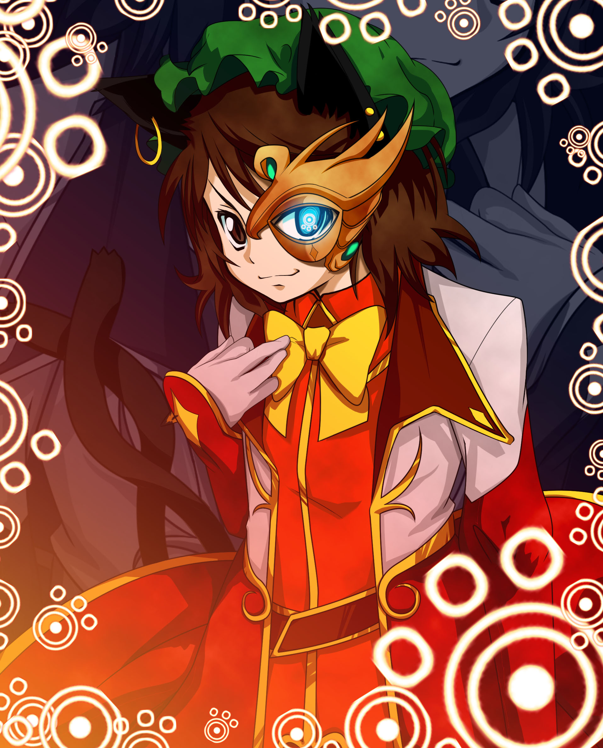 notsuru, chen, jeremiah gottwald, code geass, touhou, highres, 1girl, animal ears, blue eyes, brown eyes, brown hair, cat ears, cat tail, crossover, earrings, female focus, glowing, glowing eye, glowing eyes, hat, heterochromia, jewelry, mask, multiple tails, parody, pun, short hair, solo, tail