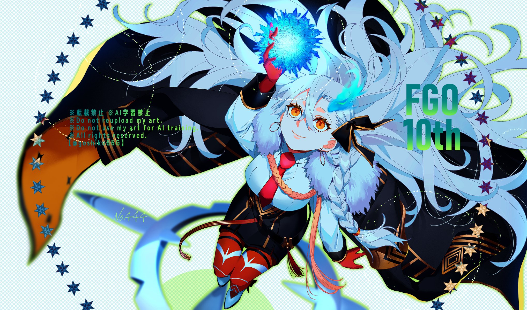 goshiko86g, olga marie animusphere, olga marie animusphere (unbeast), fate/grand order, fate (series), highres, 1girl, anniversary, artist name, black jacket, black skirt, braid, breasts, earrings, english text, floating, floating clothes, floating object, from above, gloves, holding, hoop earrings, jacket, jewelry, large breasts, long hair, long sleeves, looking at object, looking up, necktie, orange eyes, orange leggings, orb, red gloves, red necktie, shirt, side braid, skirt, smile, solo, star (symbol), striped clothes, striped jacket, unworn jacket, very long hair, white hair, white shirt