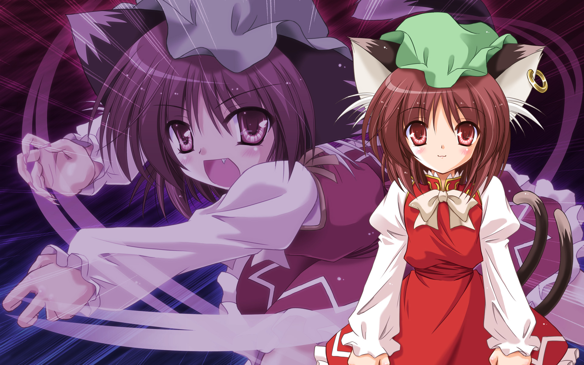 yamu (reverse noise), chen, touhou, touhou unreal mahjong, highres, 1girl, animal ears, brown hair, cat ears, cat girl, cat tail, earrings, fang, female focus, hat, jewelry, multiple tails, red eyes, short hair, solo, tail, zoom layer