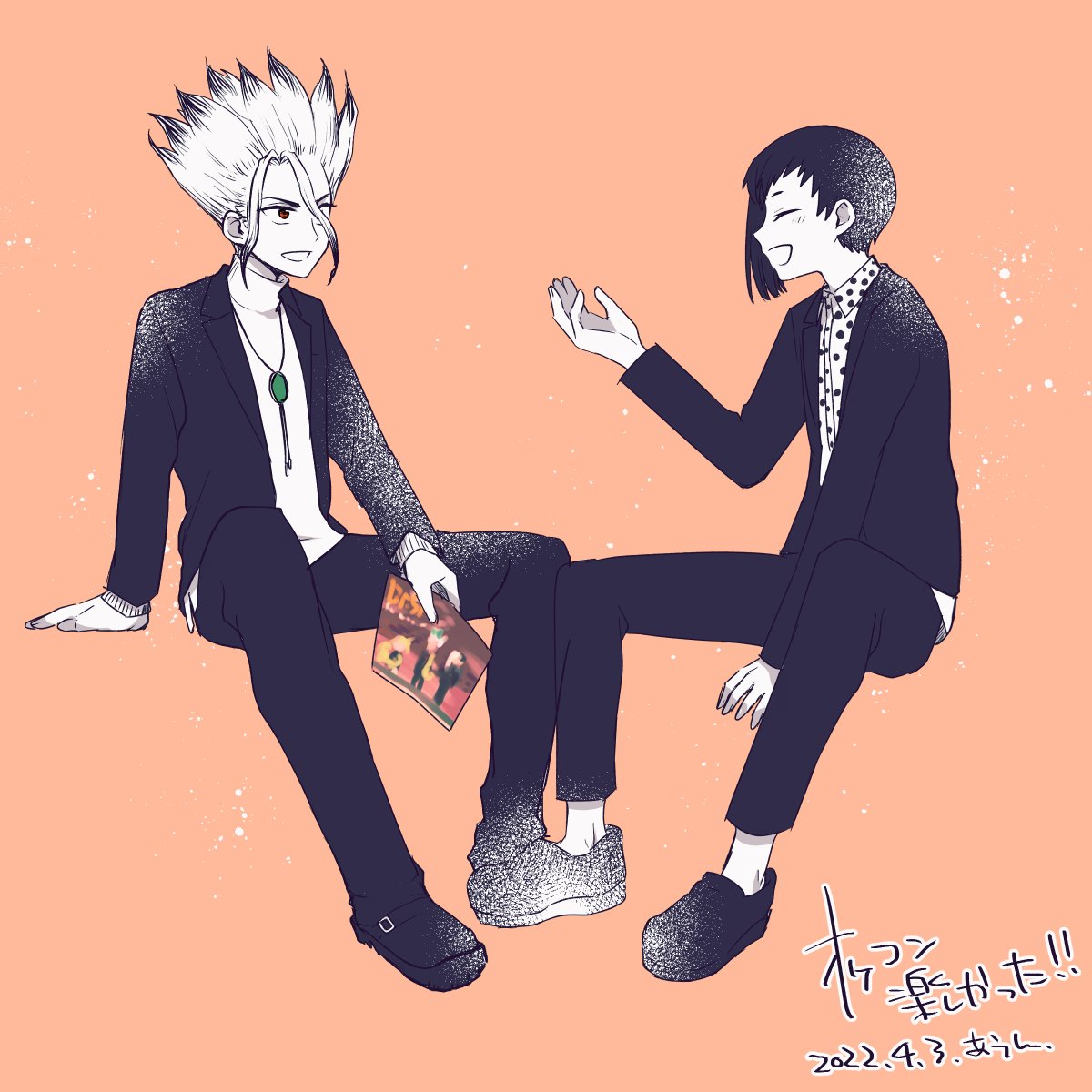 asagiri gen, ishigami senkuu, dr. stone, highres, 2boys, aaa uuun, arm support, asymmetrical hair, between legs, black hair, black jacket, black pants, book, checkered clothes, closed eyes, dated, full body, hand between legs, hand up, holding, holding book, invisible chair, jacket, jewelry, long sleeves, looking at another, male focus, multicolored hair, multiple boys, necklace, open clothes, open jacket, open mouth, orange background, pants, red eyes, shoes, short hair, sitting, smile, spiked hair, sweater, turtleneck