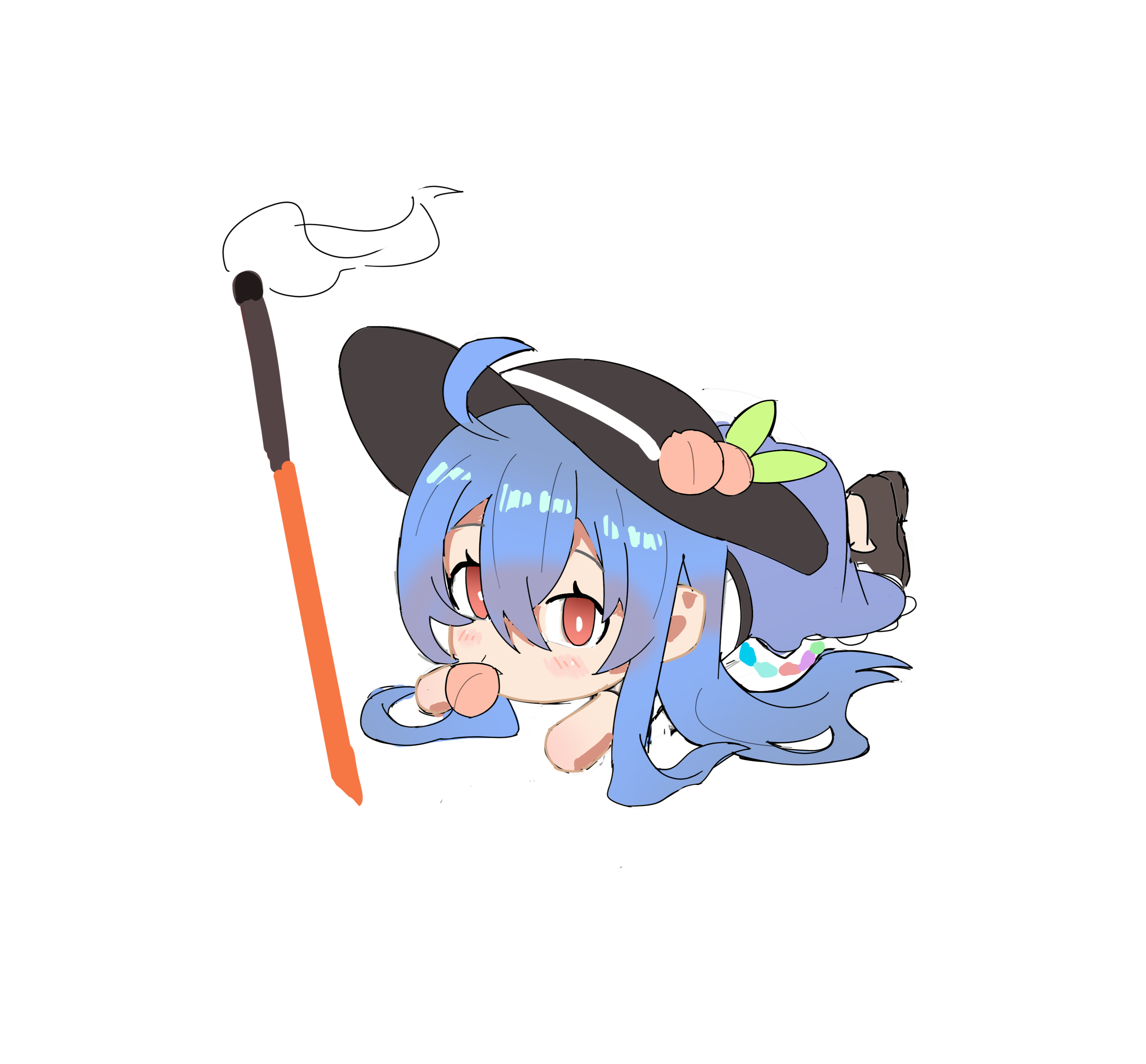 hinanawi tenshi, touhou, absurdres, chinese commentary, commentary request, highres, 1girl, ahoge, black boots, black hat, blue hair, blue skirt, boots, chibi, double-parted bangs, eyelashes, food, food in mouth, fruit, fruit hat ornament, full body, hair between eyes, hat, long hair, looking at viewer, lying, on stomach, peach, planted, planted sword, planted weapon, red eyes, shirt, sidelocks, simple background, sketch, skirt, solo, sword, sword of hisou, user wxvm2552, weapon, white background, white shirt