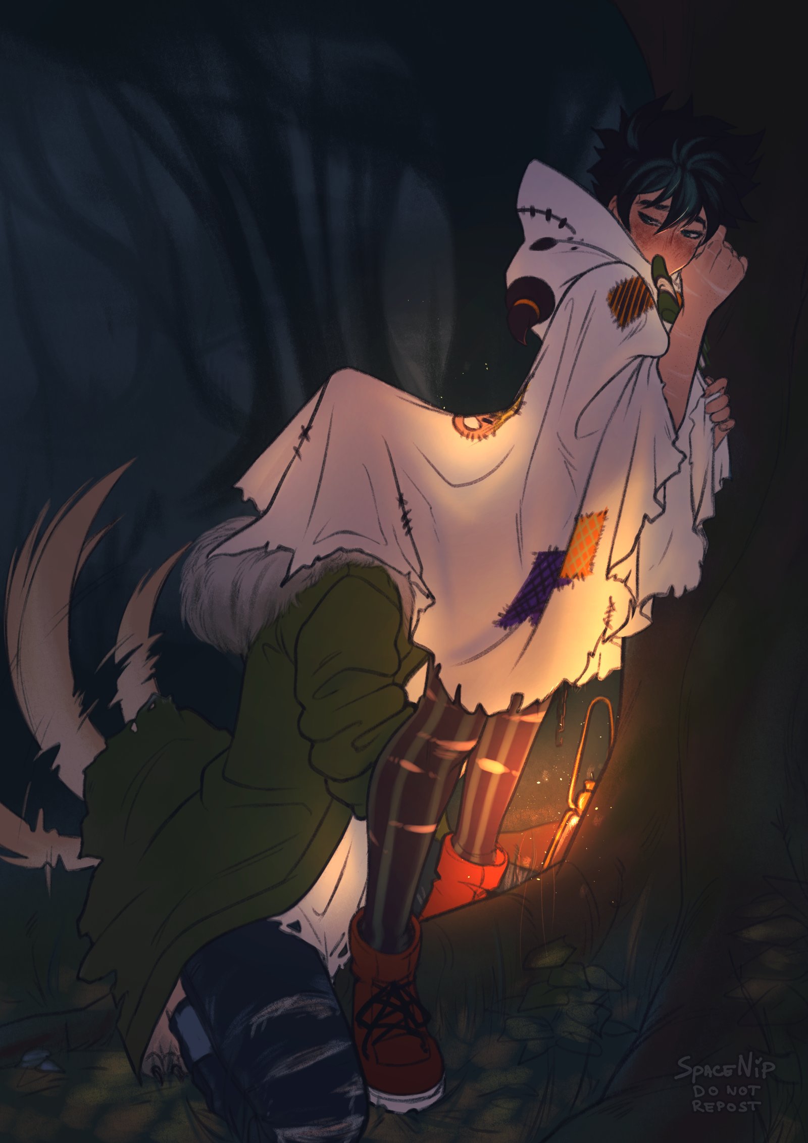 spacenipnops, bakugou katsuki, midoriya izuku, boku no hero academia, highres, 2boys, animal feet, forest, freckles, from side, ghost costume, green hair, implied anilingus, kneeling, lantern, male focus, multiple boys, nature, night, short hair, standing, tail, tail wagging, wolf tail, yaoi