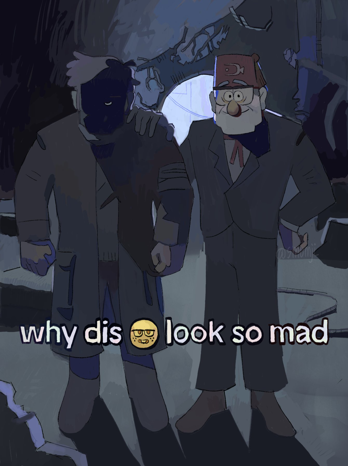 ford pines, grunkle stan, gravity falls, highres, 2boys, angry, beard, black coat, black shirt, black suit, black vest, cable, clenched hand, coat, debris, english text, facial hair, fez hat, formal clothes, full body, glasses, grey hair, hand on another's shoulder, hand on own hip, hat, looking at viewer, male focus, meme, multiple boys, neck ribbon, nerd emoji, partially shaded face, ribbon, ruins, shadow, shirt, smile, smumji1, standing, suit, vest, white shirt, why dis ninja look so mad (meme)