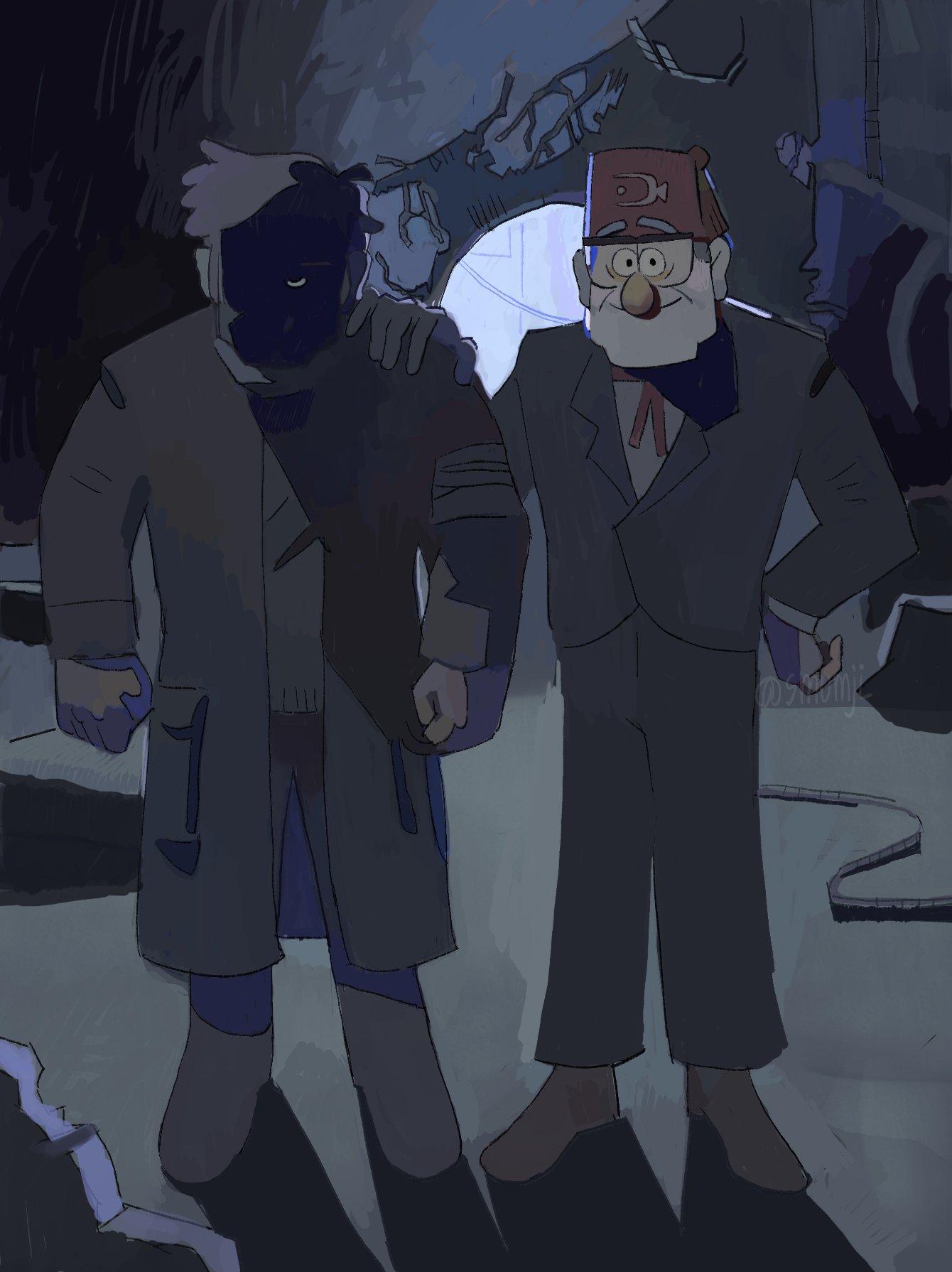 ford pines, grunkle stan, gravity falls, highres, textless version, variant set, 2boys, angry, beard, black coat, black shirt, black suit, black vest, cable, clenched hand, coat, debris, facial hair, fez hat, formal clothes, full body, glasses, grey hair, hand on another's shoulder, hand on own hip, hat, looking at viewer, male focus, meme, multiple boys, neck ribbon, nerd emoji, partially shaded face, ribbon, ruins, shadow, shirt, smile, smumji1, standing, suit, vest, white shirt, why dis ninja look so mad (meme)