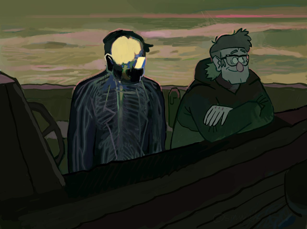 bill cipher, ford pines, grunkle stan, gravity falls, 1boy, 1other, boat, corruption, crossed arms, elbow rest, glasses, grey beard, grey hair, grey sky, leaning forward, mountainous horizon, outdoors, ribs, sideburns, skeleton, sky, smile, smumji1, spine, steering wheel, sunrise, upper body, watercraft
