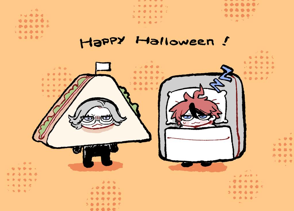 aotsuki eito, sumino takumi, the hundred line -last defense academy-, commentary, symbol-only commentary, 0mogu0, 2boys, :<, ahoge, bed, black streaks, blue eyes, chibi, chibi only, food, frown, glasses, grey hair, halloween, halloween costume, happy halloween, male focus, multicolored hair, multiple boys, orange background, purple eyes, red hair, sandwich, short hair, streaked hair, sweatdrop, zzz