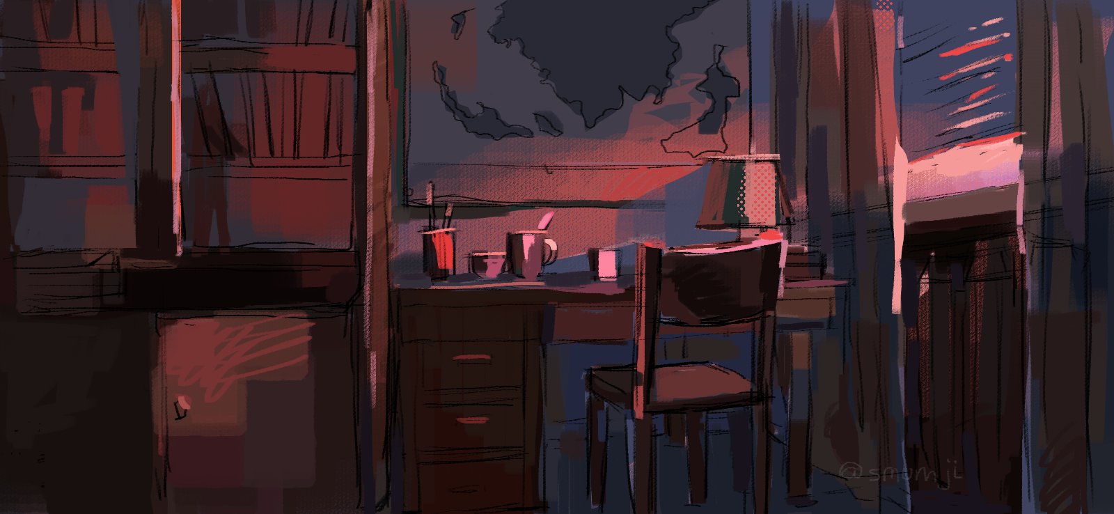 original, highres, variant set, bedroom, bookshelf, chair, cup, desk, indoors, lamp, map, no humans, painterly, pink light, scenery, smumji1, sunset, window, window blinds, window light