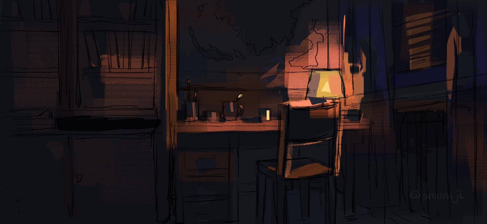 original, highres, variant set, bedroom, bookshelf, chair, cup, desk, dim lighting, indoors, lamp, map, night, no humans, painterly, scenery, smumji1, window, window blinds, window light