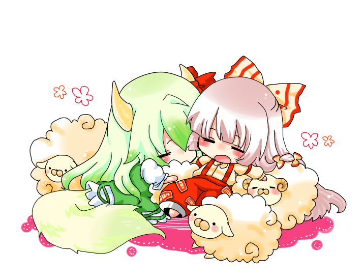 takamura, ex-keine, fujiwara no mokou, kamishirasawa keine, touhou, bad id, bad pixiv id, 2girls, chibi, female focus, multiple girls, sheep, sleeping