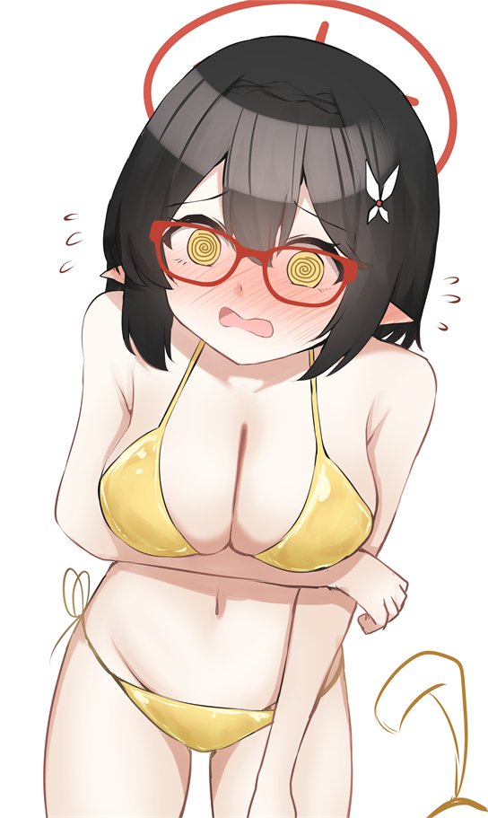 kuuwassy, ayane (blue archive), blue archive, 1girl, @ @, bikini, black hair, blush, breasts, cleavage, embarrassed, glasses, halo, large breasts, navel, open mouth, pointy ears, red-framed eyewear, short hair, side-tie bikini bottom, simple background, solo, stomach, swimsuit, white background, yellow bikini, yellow eyes