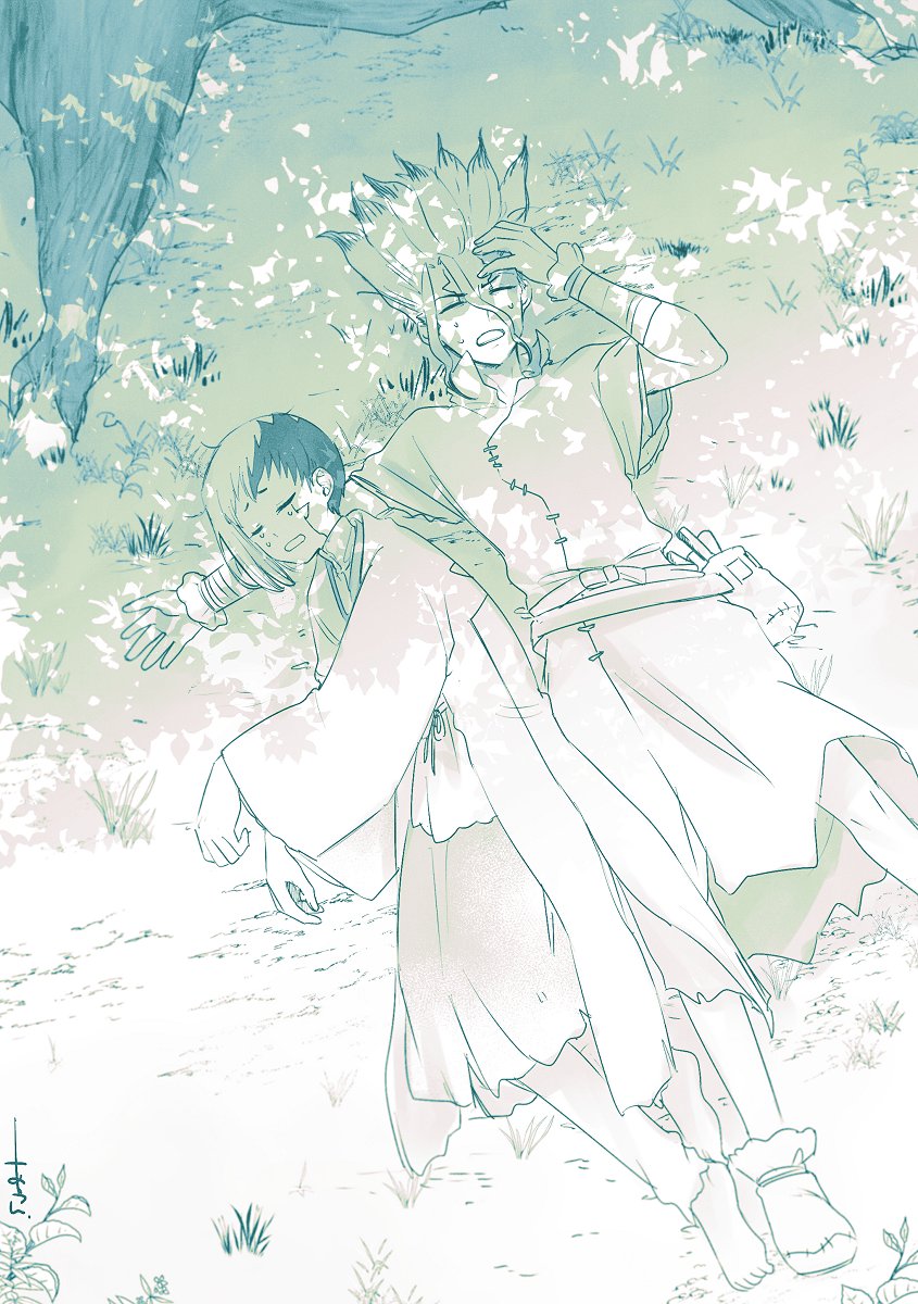 asagiri gen, ishigami senkuu, dr. stone, highres, 2boys, aaa uuun, bandages, barefoot, closed eyes, from above, grass, green theme, japanese clothes, lying, male focus, monochrome, multicolored hair, multiple boys, on back, on grass, on ground, open mouth, outdoors, pointy ears, robe, short hair, sleeping, spiked hair, tree, tree shade, two-tone hair, under tree