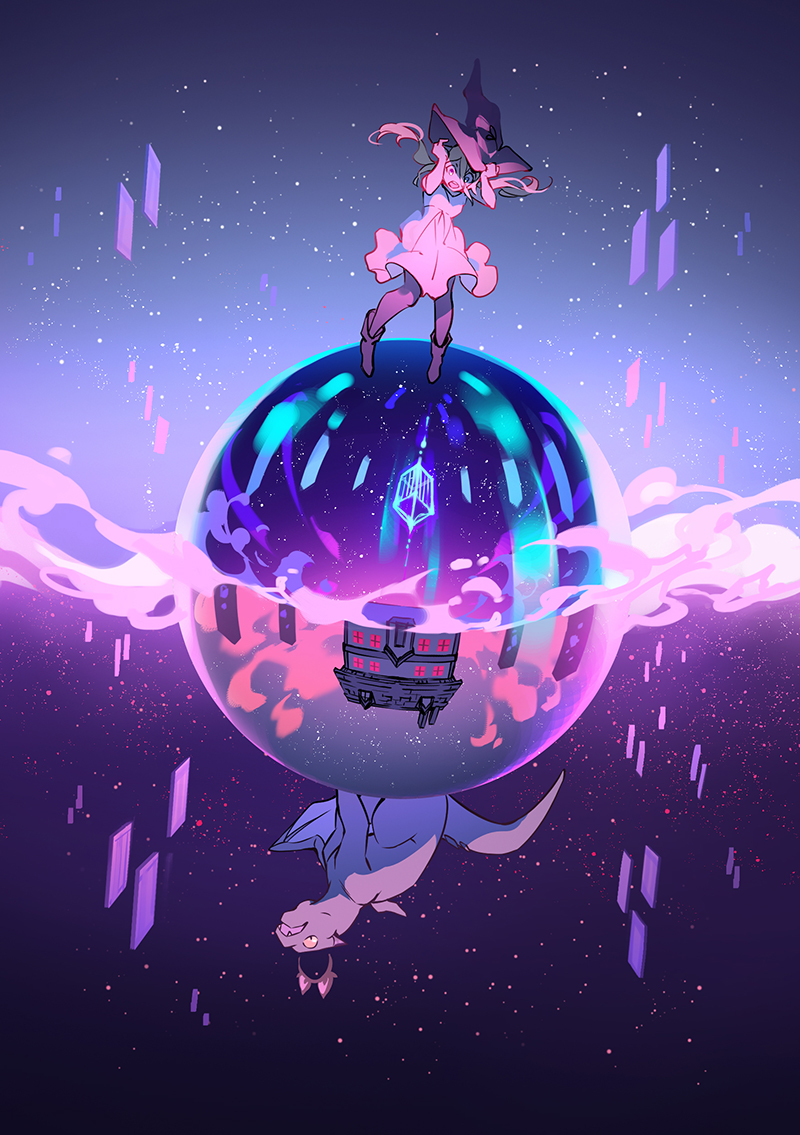 lydialing draws, commentary, english commentary, 1girl, animal ear hairband, animal ears, boots, cat ear hairband, cat ears, dragon, dress, fake animal ears, floating hair, hairband, hand on headwear, hat, house, light particles, long hair, looking down, open mouth, orb, purple background, purple boots, purple hat, solo, split theme, the ink apprentice, white dress, wide shot, witch, witch hat