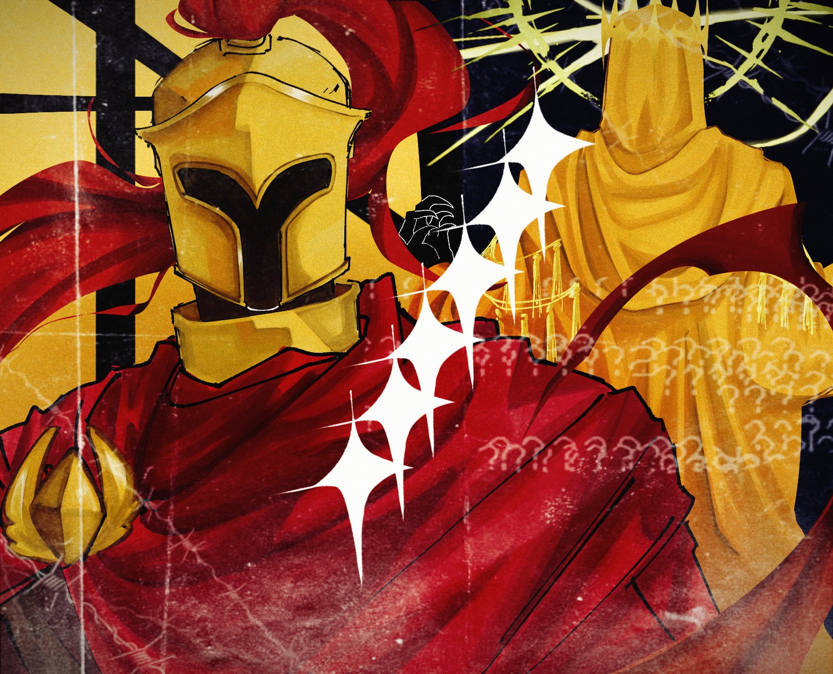 highres, 2others, armor, auslwn, badge, black skin, brooch, cape, cloak, colored skin, crown, d3rlord3, gold armor, gold helmet, halo, hood, hood up, hooded cloak, jewelry, multiple others, red cape, searching for a world that doesn't exist, sparkle, the king in yellow (searching for a world that doesn't exist), upper body, yellow cloak, yellow halo