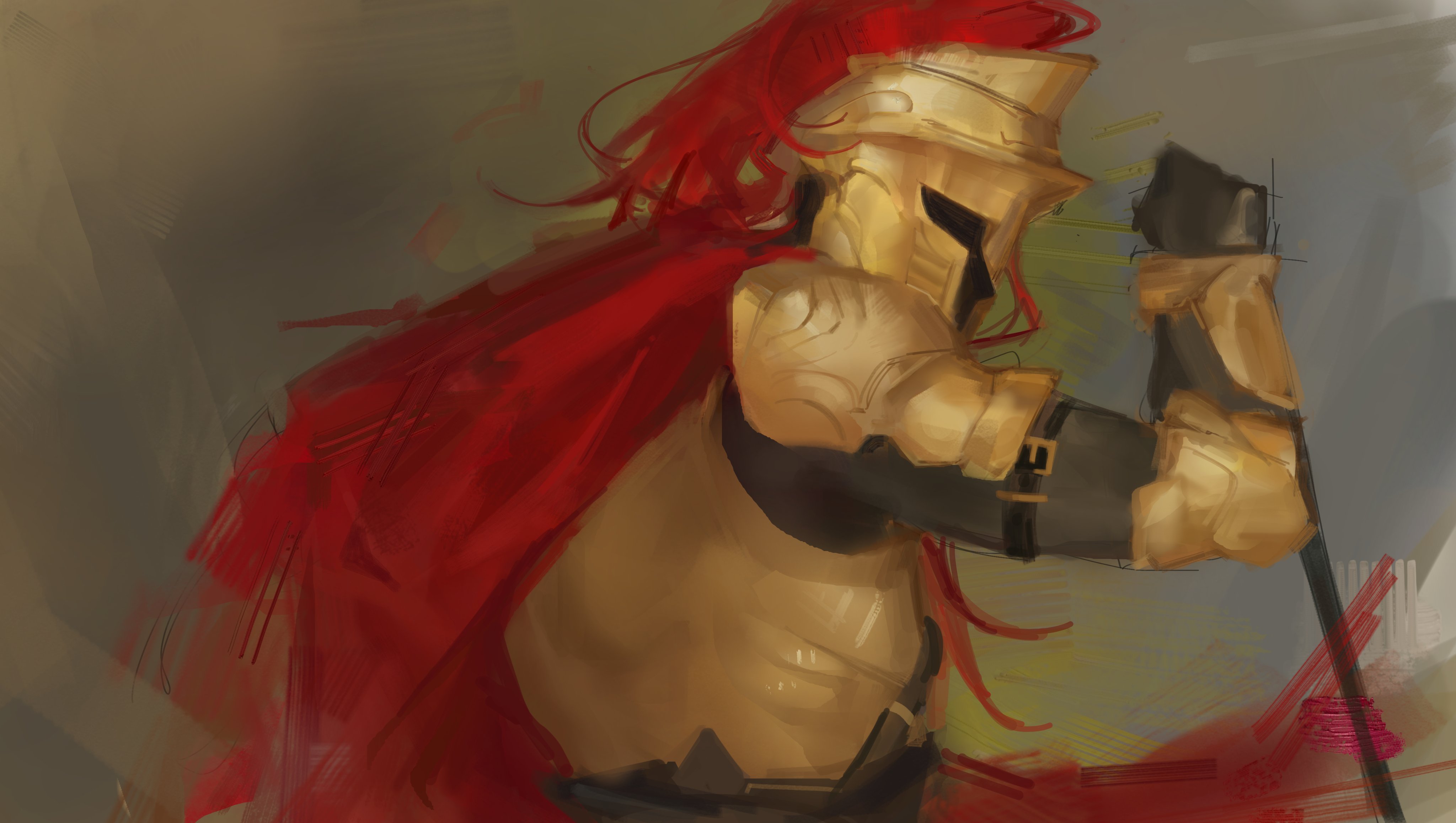 absurdres, highres, 1other, arm belt, armor, black gloves, breastplate, cloak, d3rlord3, endisnio, faceless, from side, galea helmet, gloves, knight, muscular, muscular male, painterly, pulling, red cloak, searching for a world that doesn't exist, shoulder armor, solo, upper body