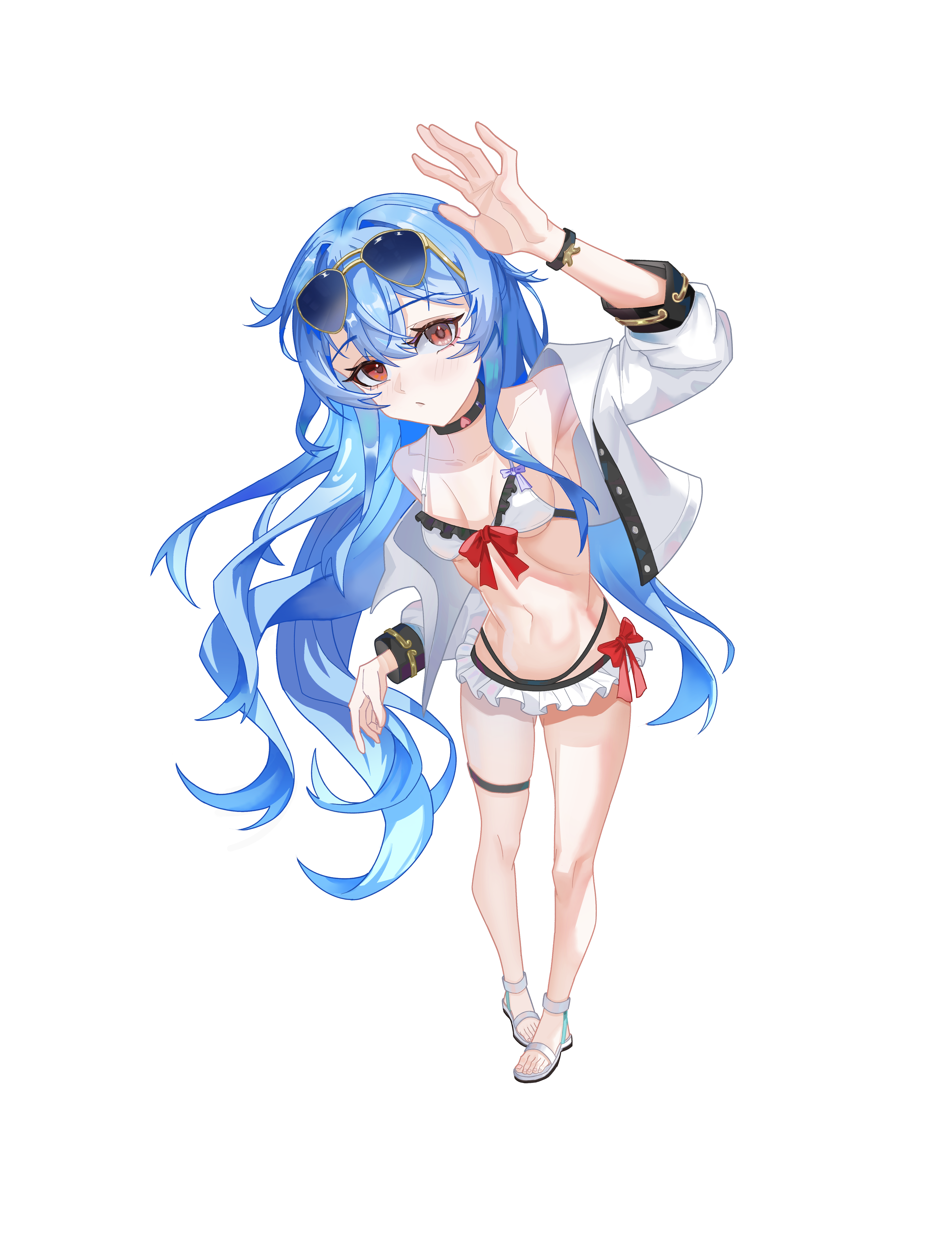 hinanawi tenshi, touhou, absurdres, chinese commentary, commentary request, highres, 1girl, bikini, black bikini, black choker, blue hair, bow, bow bikini, breasts, choker, closed mouth, eyewear on head, fruit choker, full body, hand up, long hair, looking at viewer, multicolored bikini, open clothes, open shirt, red bow, red eyes, sandals, shirt, simple background, small breasts, solo, standing, sunglasses, swimsuit, thigh strap, two-tone bikini, user wxvm2552, white background, white bikini, white sandals, white shirt, yellow-framed eyewear