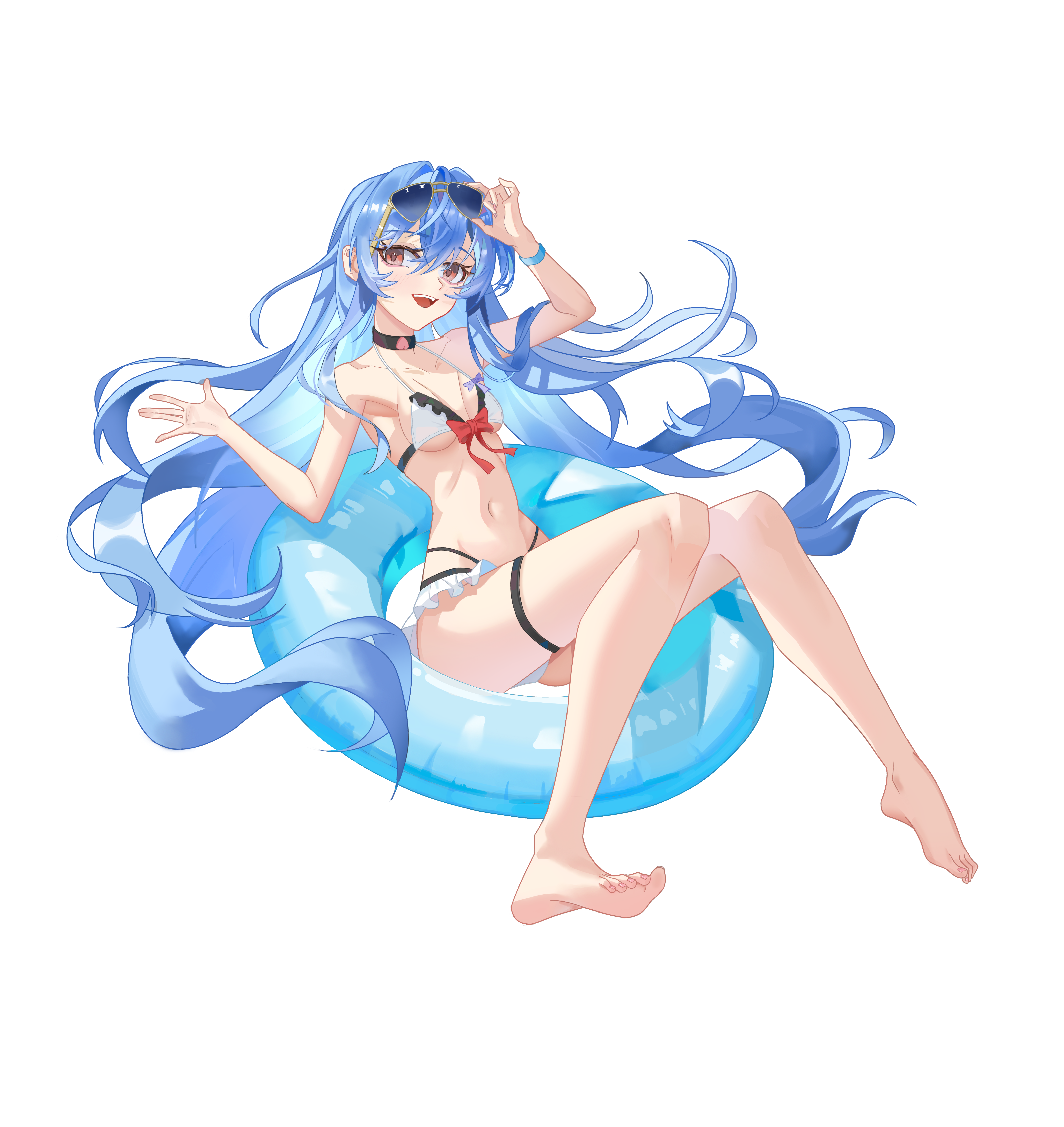 hinanawi tenshi, touhou, absurdres, chinese commentary, commentary request, highres, 1girl, :d, armpits, barefoot, bikini, black bikini, black choker, blue hair, bow, bow bikini, breasts, choker, eyewear on head, floating hair, fruit choker, full body, hands up, innertube, long hair, looking at viewer, multicolored bikini, on innertube, open mouth, red bow, red eyes, simple background, sitting, small breasts, smile, solo, sunglasses, swim ring, swimsuit, teeth, thigh strap, tongue, two-tone bikini, upper teeth only, user wxvm2552, white background, white bikini, yellow-framed eyewear