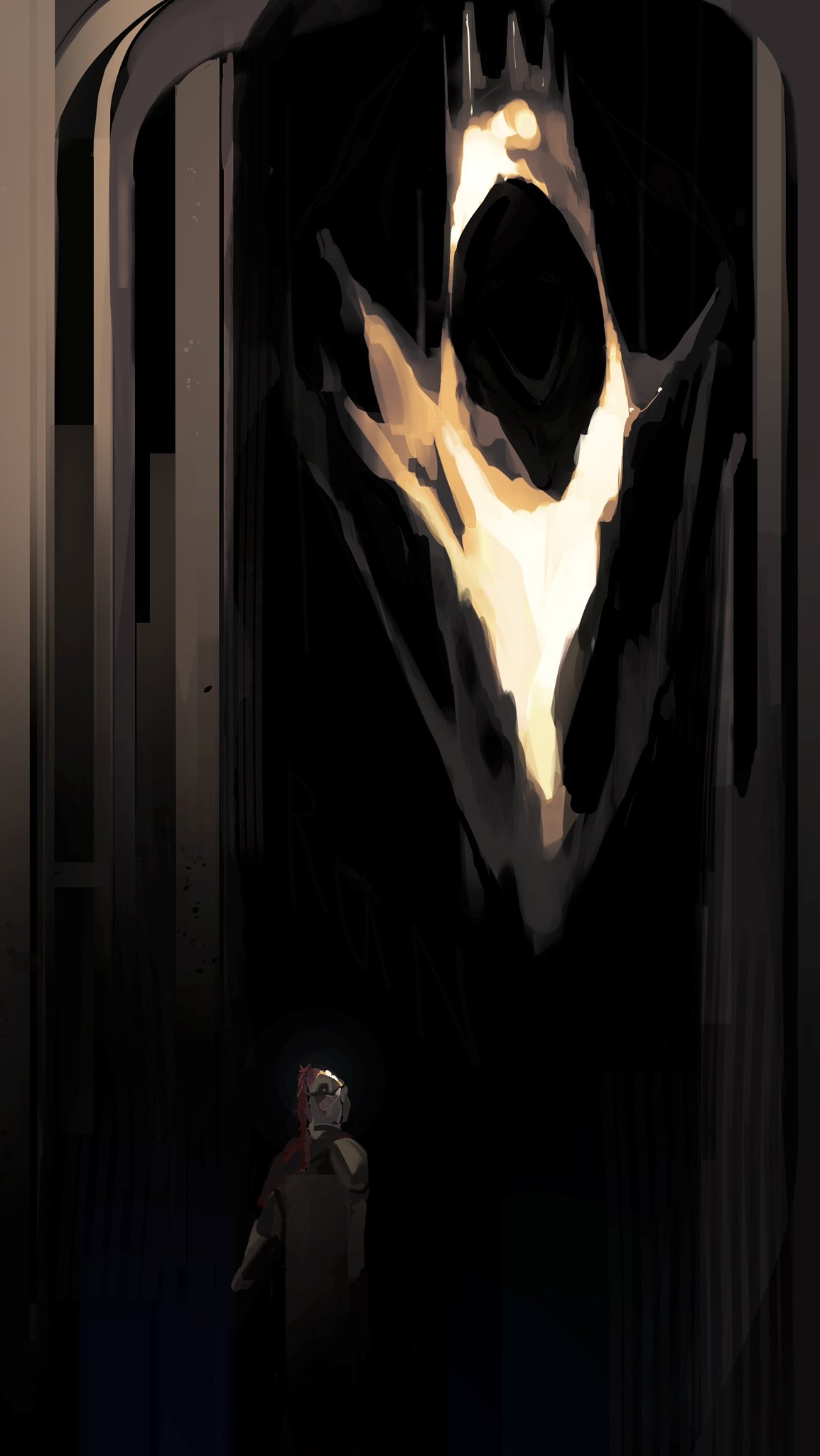 highres, armor, cloak, crown, d3rlord3, dark, faceless, facing another, galea helmet, hood, hood up, hooded cloak, knight, pawnkyyyy, searching for a world that doesn't exist, size difference, standing, the king in yellow (searching for a world that doesn't exist)