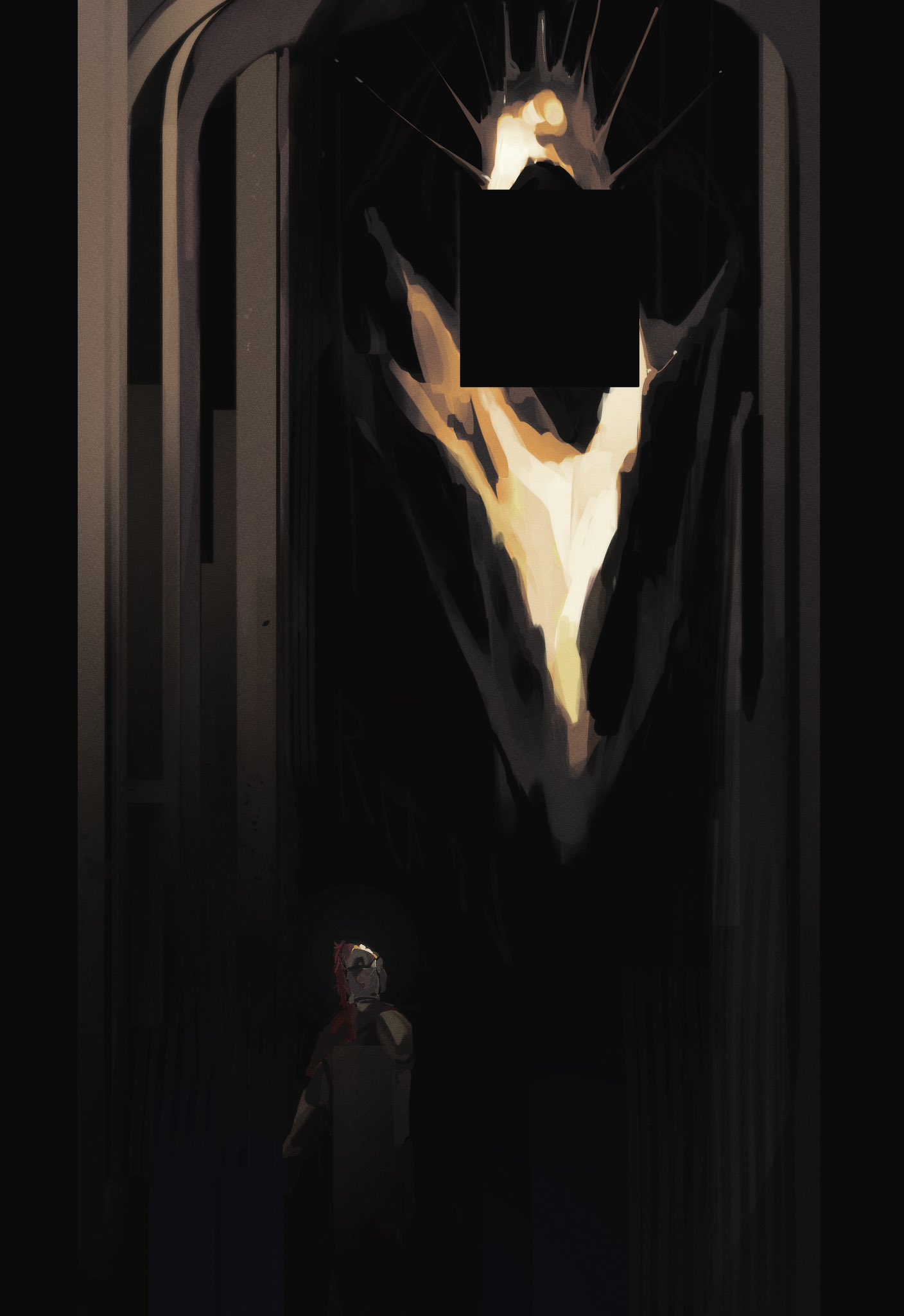 highres, variant set, armor, censored, censored identity, cloak, crown, d3rlord3, dark, faceless, facing another, galea helmet, hood, hood up, hooded cloak, knight, pawnkyyyy, searching for a world that doesn't exist, size difference, standing, the king in yellow (searching for a world that doesn't exist)