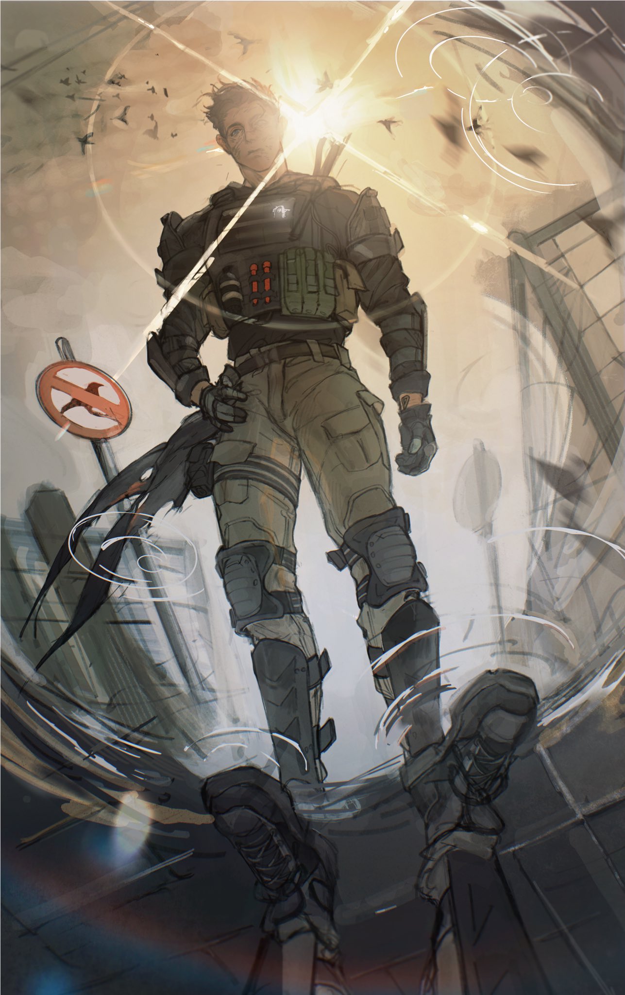 konig (call of duty), call of duty, highres, 1boy, armor, black gloves, black hair, boots, breastplate, building, city, dirty, dirty face, explosive, floating hair, from above, glint, gloves, grenade, hand on own hip, knee pads, lens flare, looking at reflection, magazine (weapon), puddle, reflection, reflection focus, ripples, road, road sign, seencrow, short hair, shoulder armor, sign, simple bird, solo, standing, street, wind