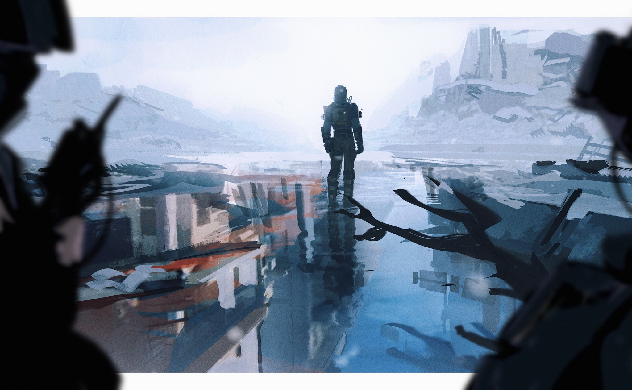 konig (call of duty), call of duty, commentary, english commentary, highres, 3others, armor, blurry, blurry foreground, boots, breastplate, depth of field, facing viewer, full body, helmet, ice, letterboxed, mountainous horizon, multiple others, outdoors, outside border, pov, reflective surface, seencrow, shoulder armor, standing