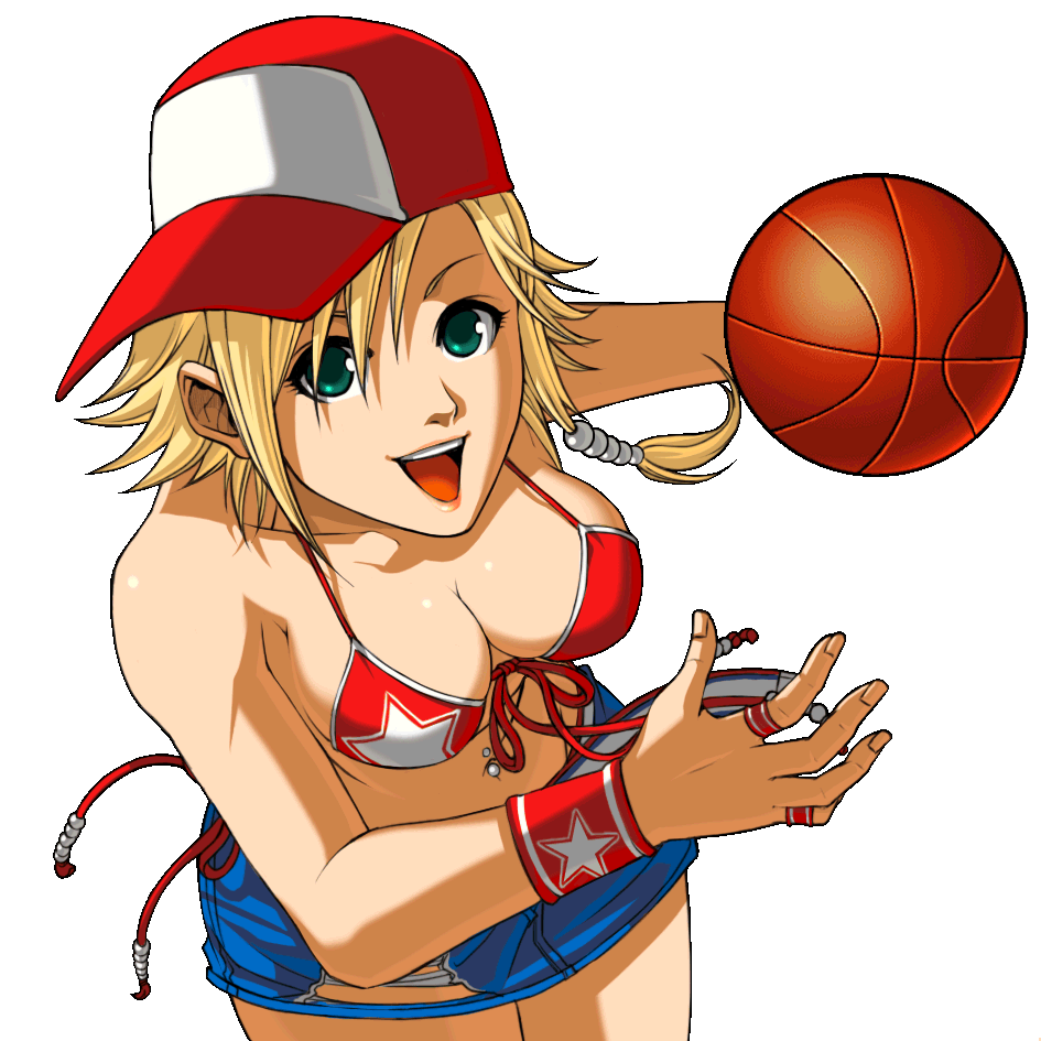 alice garnet nakata, snk, the king of fighters, the king of fighters xiv, 1girl, ball, bare shoulders, basketball, basketball (object), bikini, bikini top only, blonde hair, braid, breasts, cleavage, female focus, front-tie top, green eyes, hat, large breasts, red bikini, smile, solo, swimsuit