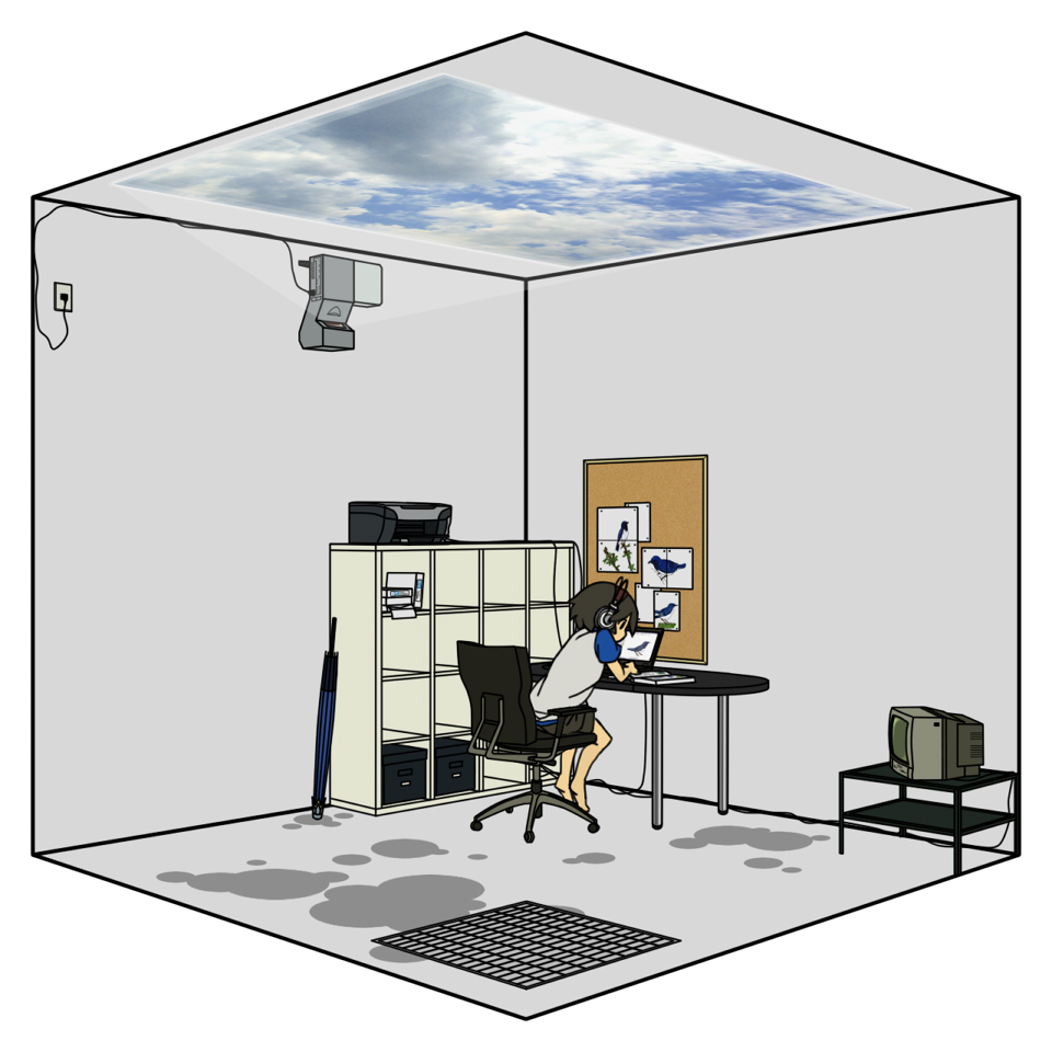 uewtsol, ruri (uewtsol), akg, original, bad id, bad pixiv id, 1girl, barefoot, black hair, chair, cloud, computer, computer keyboard, feet, female focus, headphones, laptop, oil-paper umbrella, printer, projector, raglan sleeves, sky, soles, solo, television, umbrella