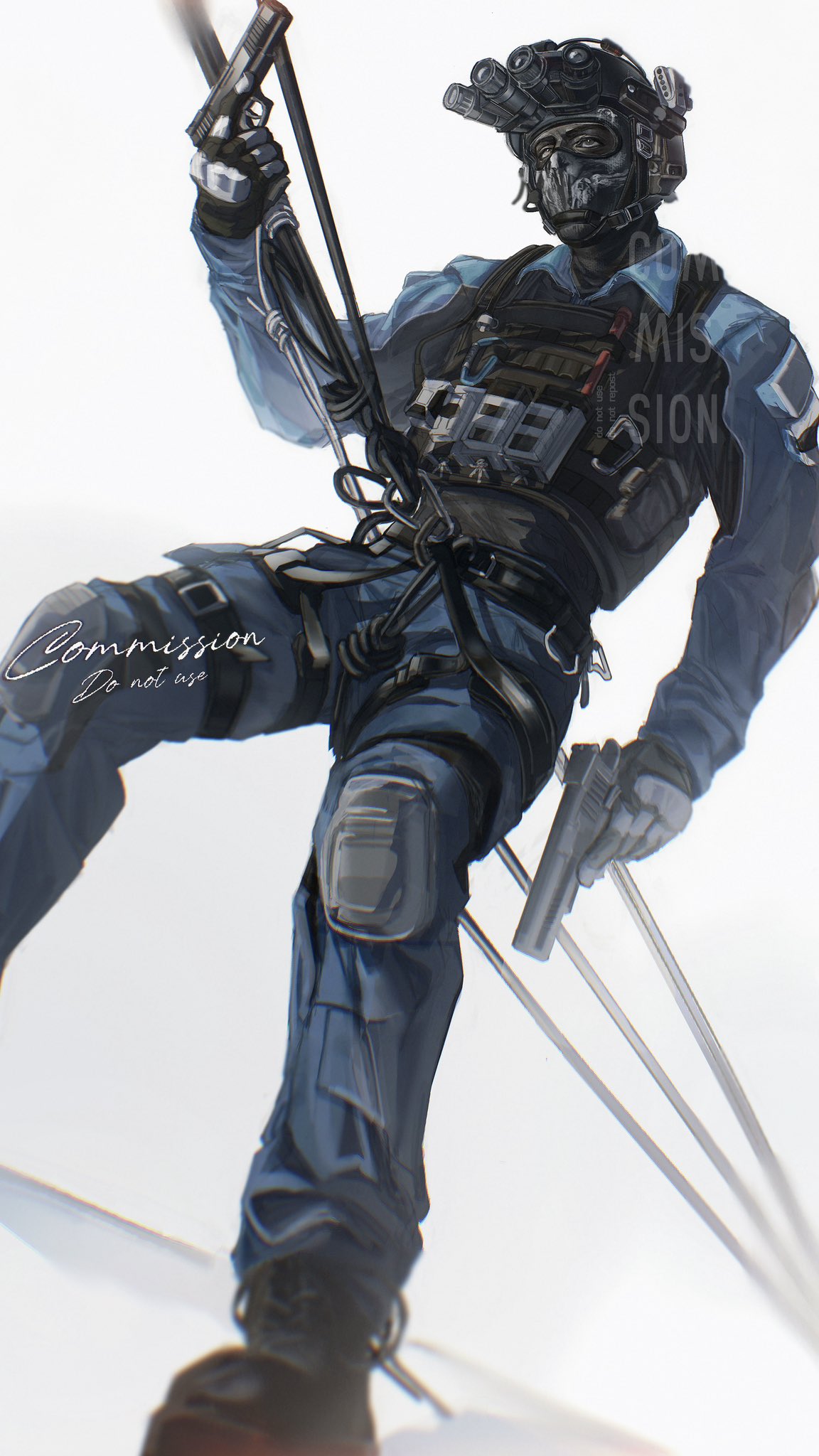 call of duty, hashtag-only commentary, highres, 1boy, armor, black gloves, blue shirt, boots, breastplate, cable, collared shirt, covered mouth, dark-skinned male, dark skin, dual wielding, dutch angle, feet out of frame, from below, full body, gloves, gun, handgun, helmet, holding, holding gun, holding weapon, keegan russ, knee pads, looking at viewer, seencrow, shirt, solo, tether, weapon