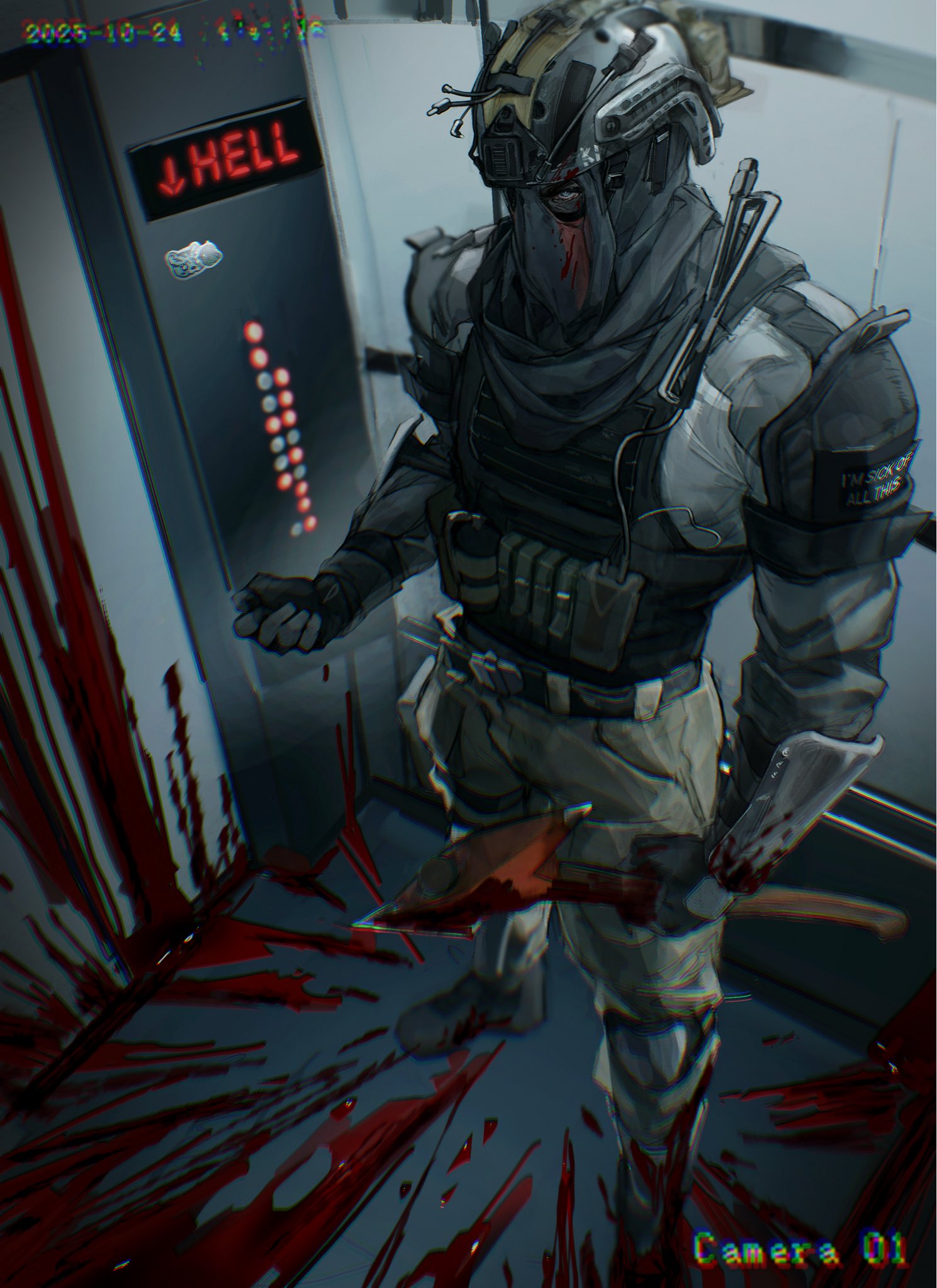 konig (call of duty), call of duty, highres, 1other, arm guards, armor, axe, belt, blood, blood splatter, blurry, blurry background, boots, breastplate, chromatic aberration, clenched hand, covered mouth, depth of field, elevator, english text, fire axe, from above, full body, glitch, helmet, holding, holding axe, implied murder, looking at viewer, magazine (weapon), narrowed eyes, recording, seencrow, solo