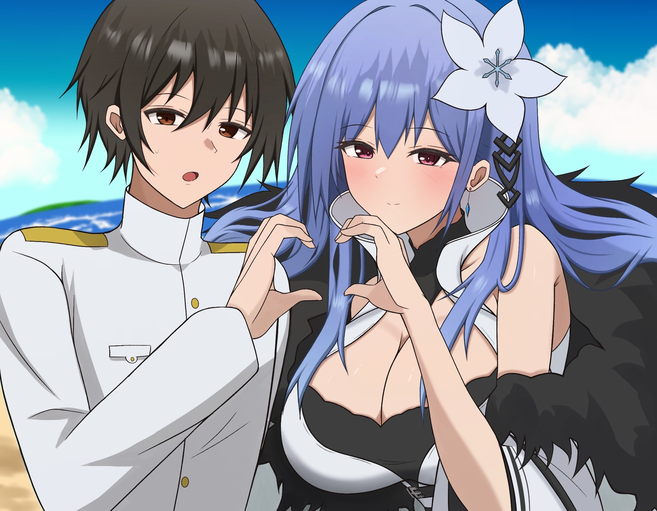 gat wrx evo11, commander (azur lane), voroshilov (azur lane), azur lane, highres, 1boy, 1girl, anime coloring, black hair, blue hair, blush, breasts, brown eyes, cleavage, coat, earrings, flower, fur-trimmed coat, fur trim, hair flower, hair ornament, hand up, heart, heart hands, heart hands duo, jewelry, large breasts, long hair, looking at viewer, military uniform, naval uniform, open mouth, outdoors, red eyes, short hair, sweatdrop, upper body, water, white flower
