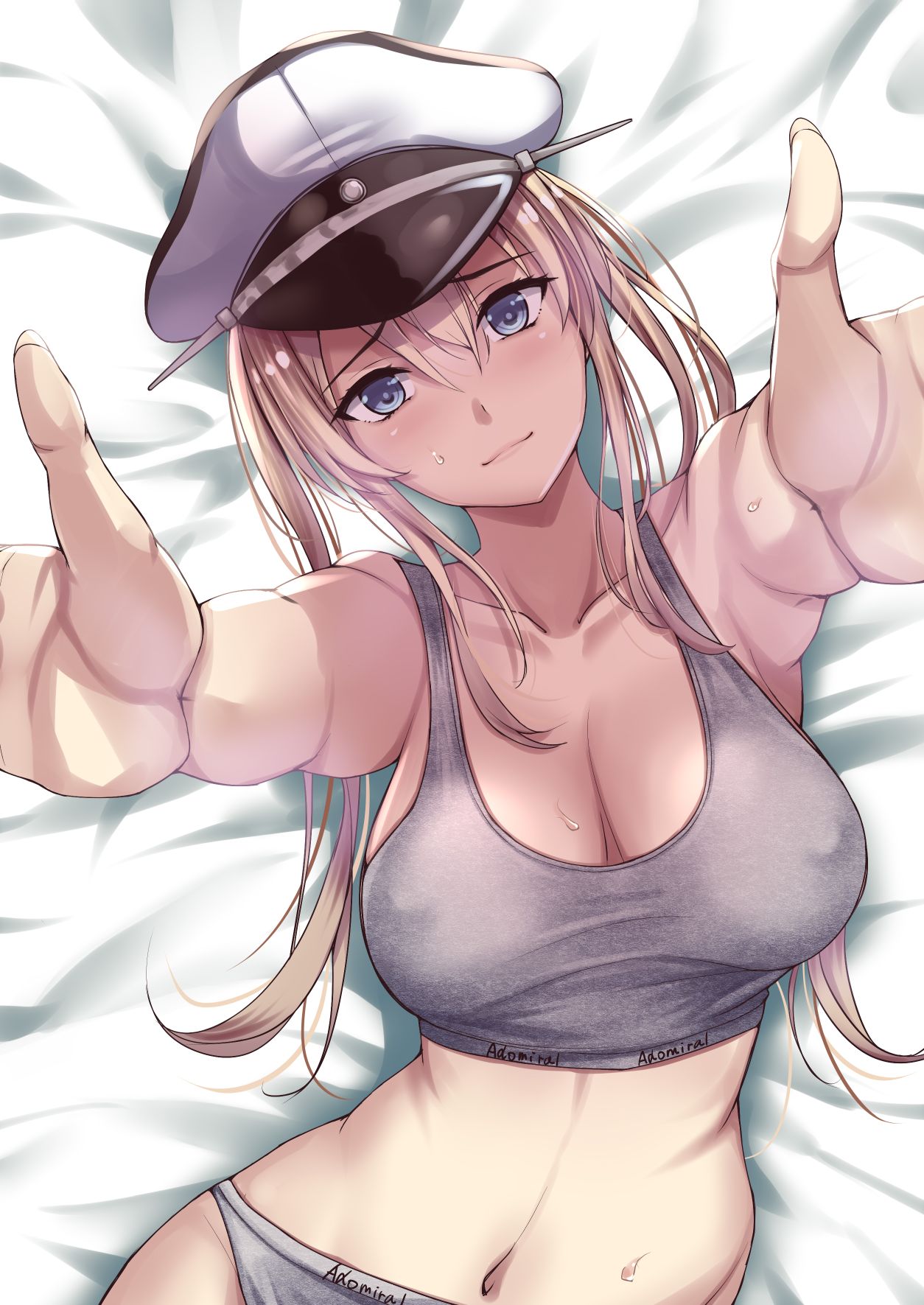kuurunaitsu, graf zeppelin (kancolle), kantai collection, commentary request, highres, variant set, 1girl, bed sheet, blonde hair, blue eyes, breasts, cleavage, closed mouth, covered erect nipples, grey panties, grey sports bra, hat, large breasts, lying, navel, on back, on bed, outstretched arms, panties, peaked cap, smile, solo, sports bra, stomach, underwear, underwear only, white hat