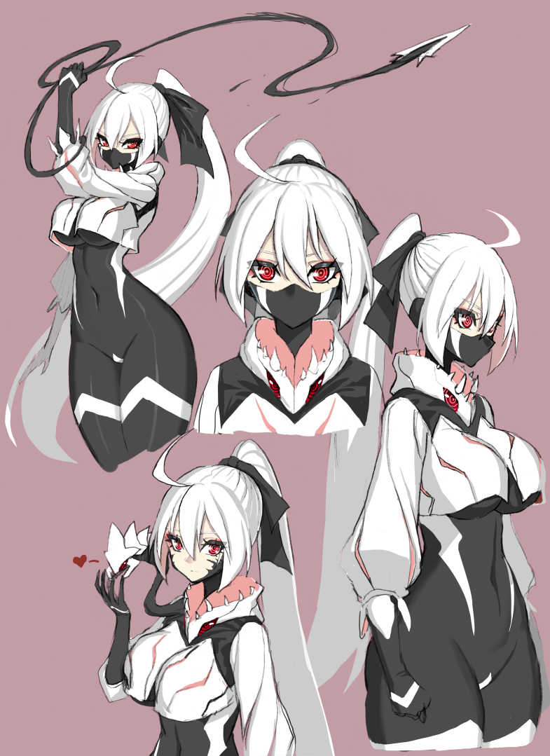 hk33, original, 1girl, ahoge, black bodysuit, bodysuit, breasts, cropped jacket, heart, jacket, large breasts, living clothes, long hair, looking at viewer, mask, mouth mask, pink background, ponytail, red eyes, skin tight, spoken heart, symbiote, very long hair, whip, white hair, white jacket