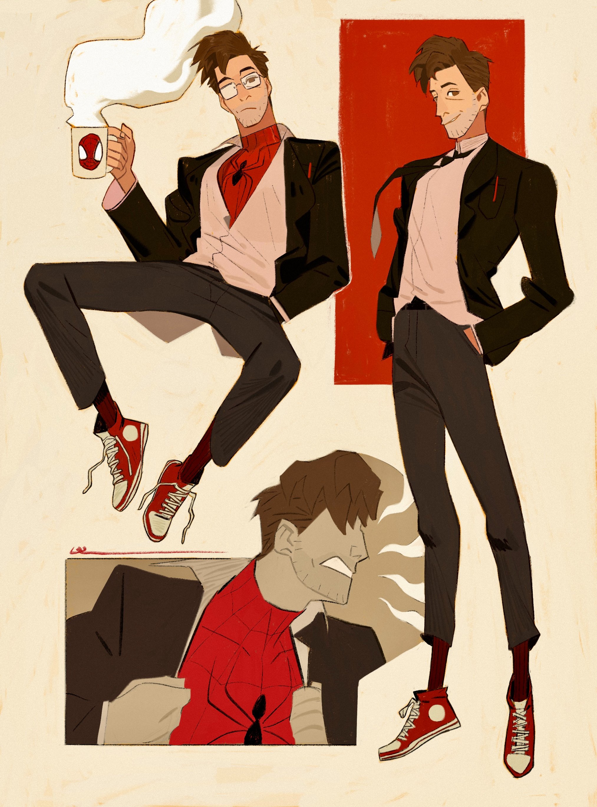 dingnin98201637, peter b parker, spider-man, converse, marvel, spider-man: across the spider-verse, spider-man (series), spider-verse, absurdres, hashtag-only commentary, highres, 1boy, :/, bespectacled, black jacket, black necktie, black pants, black socks, bodysuit, brown eyes, brown hair, clenched teeth, closed mouth, coffee mug, collared shirt, covered eyes, cropped torso, cup, glasses, hands in pockets, holding, holding cup, invisible chair, jacket, looking at viewer, looking to the side, male focus, mug, multiple views, necktie, open clothes, open jacket, pants, partially open shirt, red bodysuit, red shoes, shirt, shoelaces, shoes, short hair, sideways glance, sitting, smile, socks, steam, teeth, white shirt, wing collar